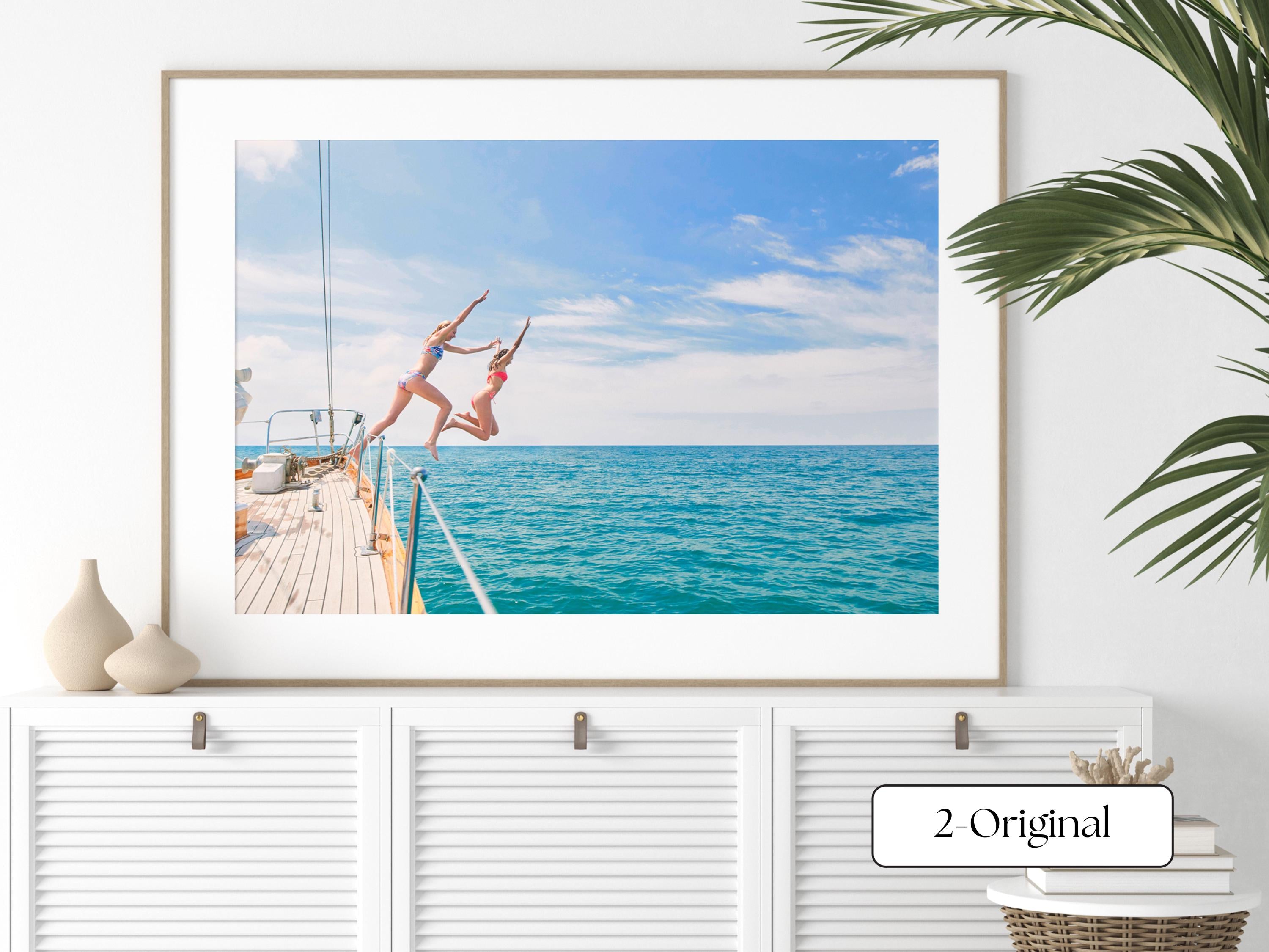 Coastal Print FRAMED or UNFRAMED, Vibrant Beach Wall Art, Boho Coastal Photography, Summer Ocean Poster, Girls Jumping Art Print