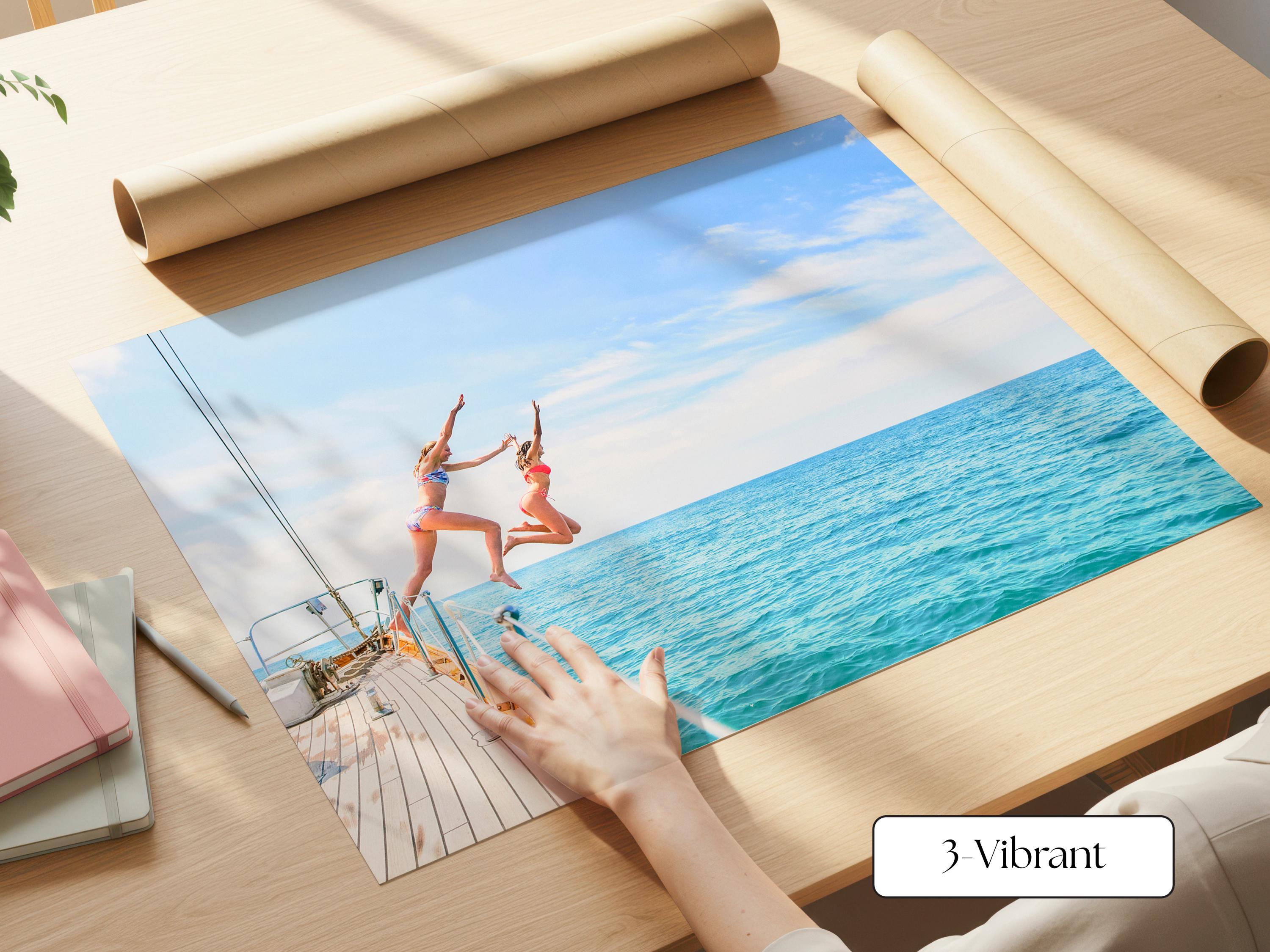 Blue Coastal Print FRAMED or UNFRAMED, Vibrant Beach Wall Art, Boho Coastal Photography, Summer Ocean Poster, Girls Jumping Art Print