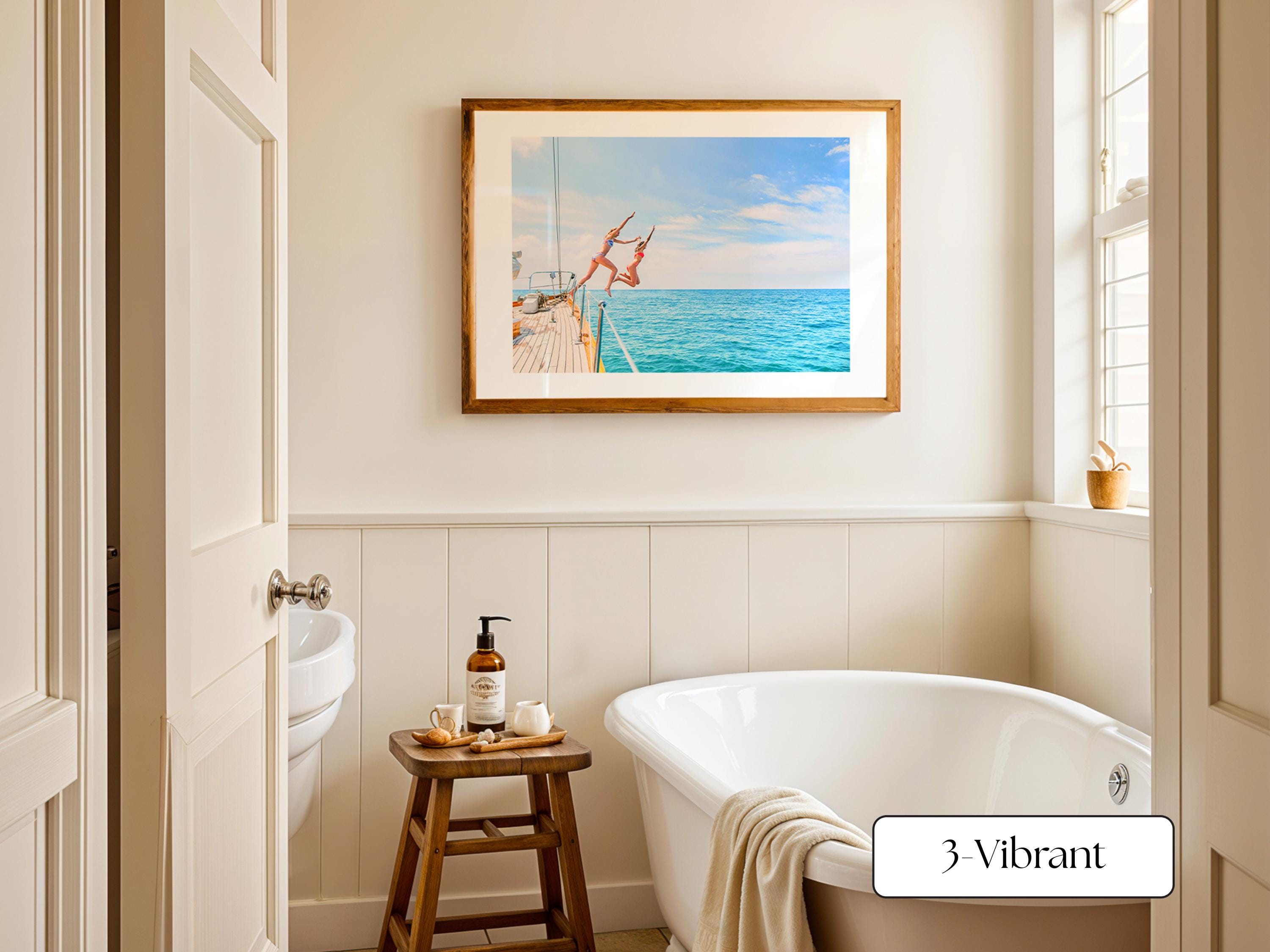 Blue Coastal Print FRAMED or UNFRAMED, Vibrant Beach Wall Art, Boho Coastal Photography, Summer Ocean Poster, Girls Jumping Art Print