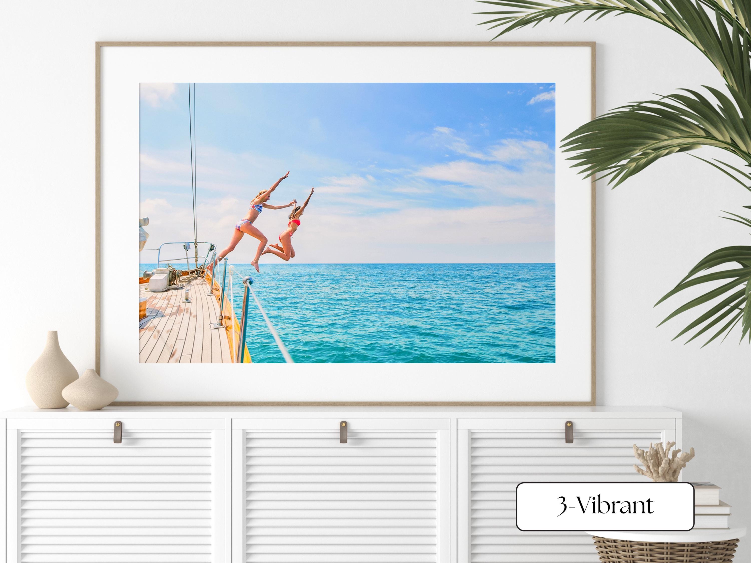 Blue Coastal Print FRAMED or UNFRAMED, Vibrant Beach Wall Art, Boho Coastal Photography, Summer Ocean Poster, Girls Jumping Art Print