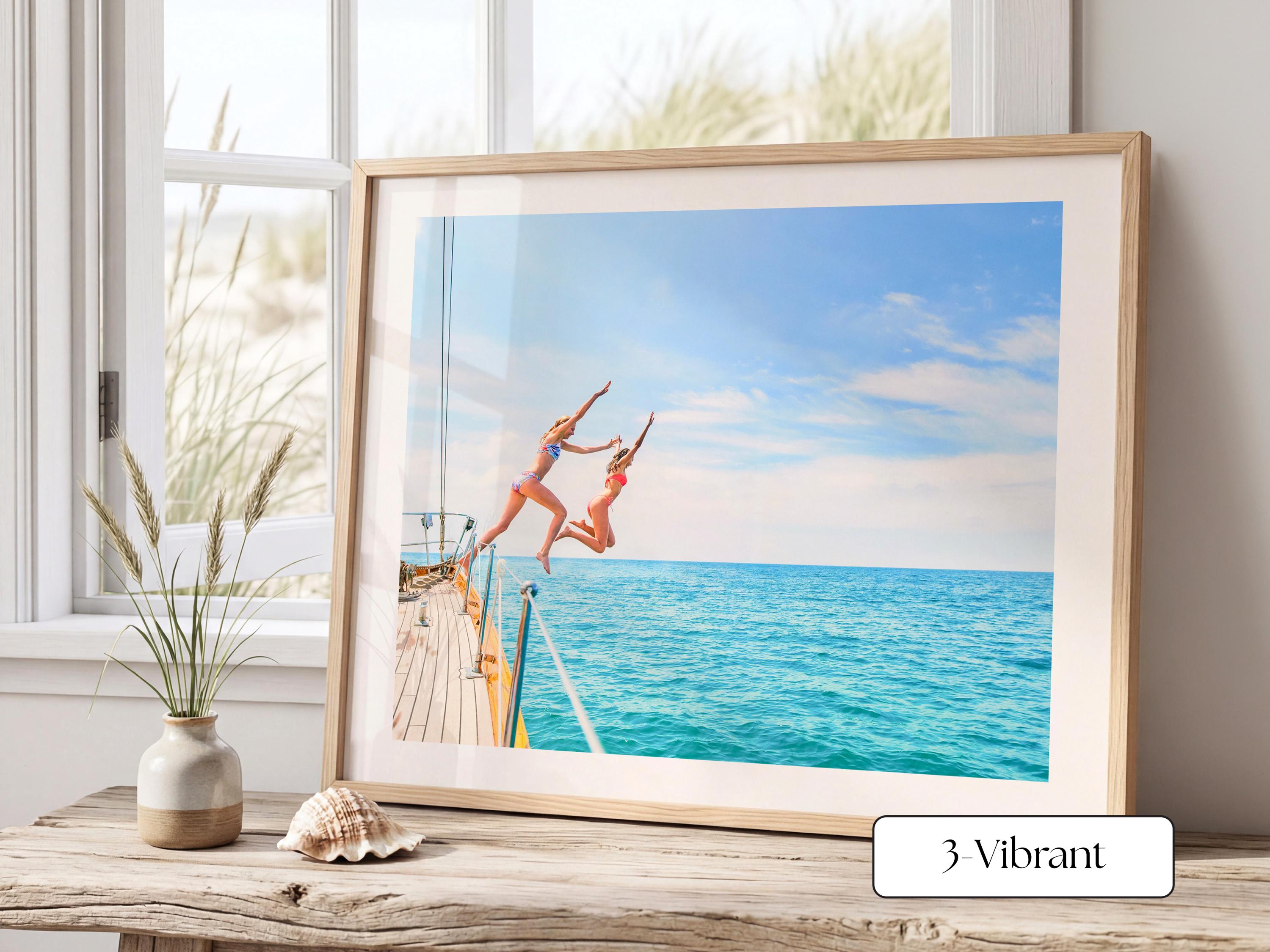 Blue Coastal Print FRAMED or UNFRAMED, Vibrant Beach Wall Art, Boho Coastal Photography, Summer Ocean Poster, Girls Jumping Art Print