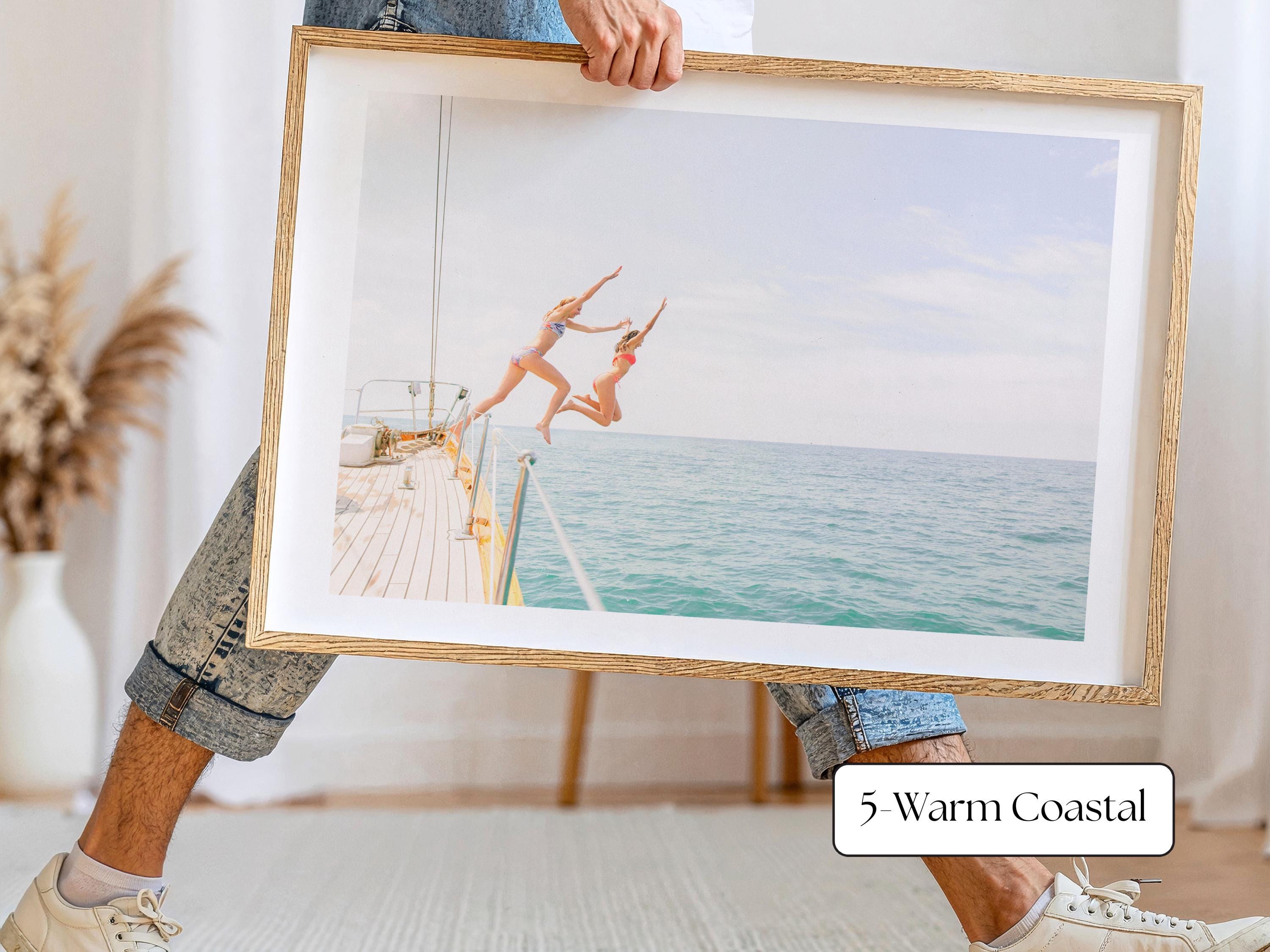 Blue Coastal Print FRAMED or UNFRAMED, Light Pastel Beach Wall Art, Boho Coastal Photography, Summer Ocean Poster, Girls Jumping Art Print