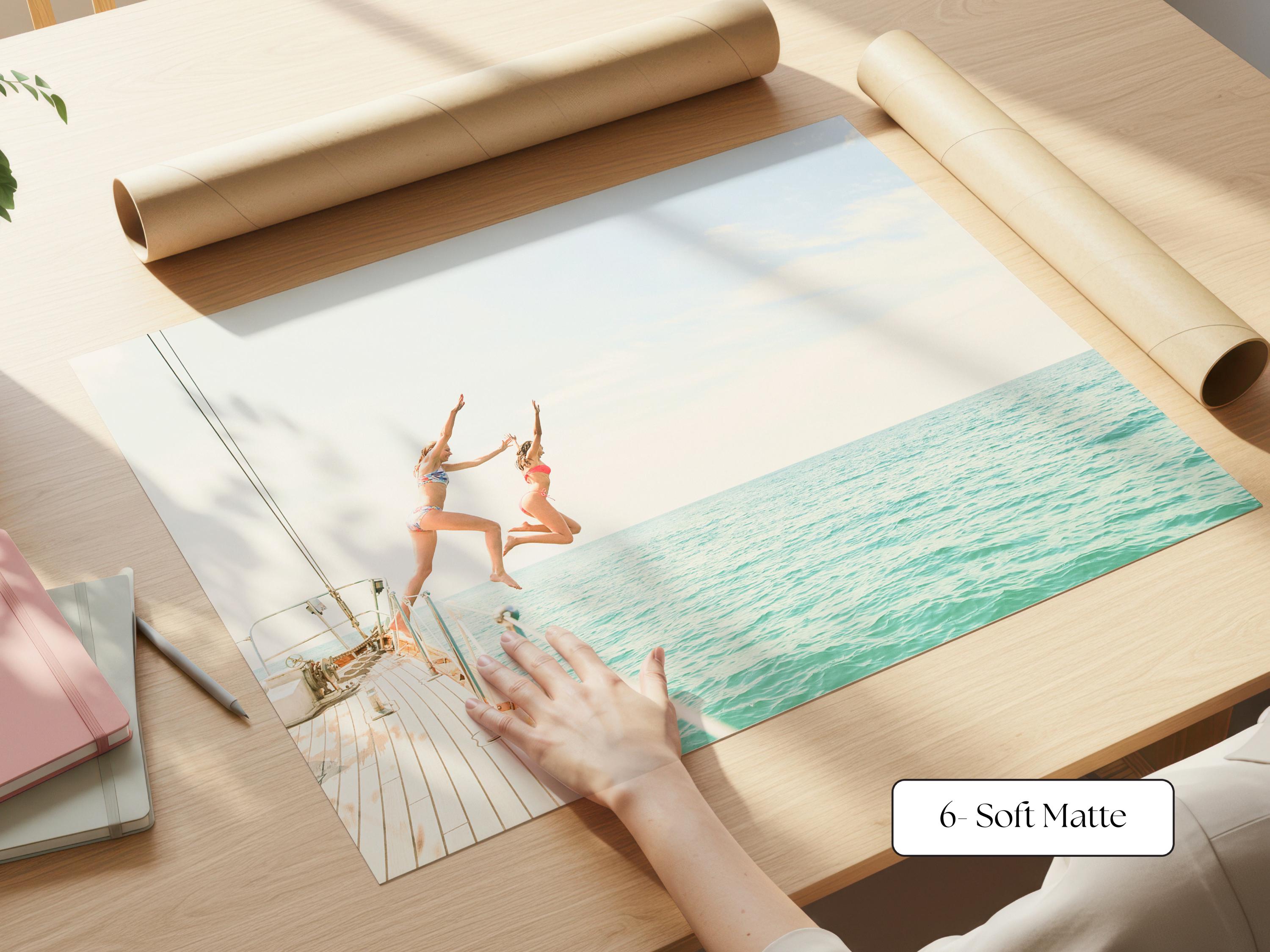 Blue Coastal Print FRAMED or UNFRAMED, Pastel Beach Wall Art, Boho Coastal Photography, Summer Ocean Poster, Girls Jumping Art Print