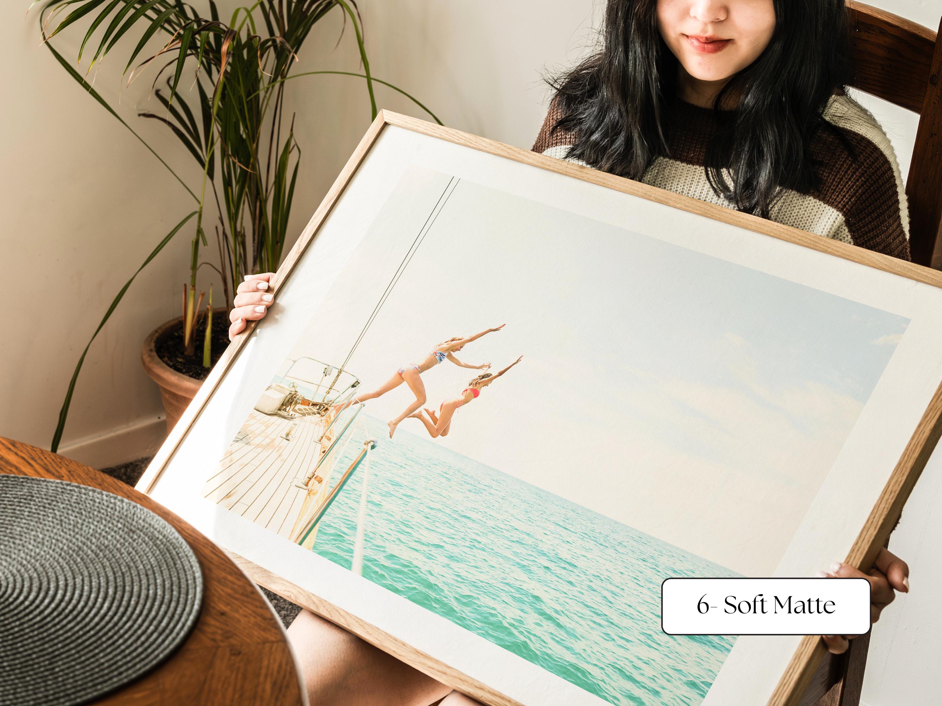 Blue Coastal Print FRAMED or UNFRAMED, Pastel Beach Wall Art, Boho Coastal Photography, Summer Ocean Poster, Girls Jumping Art Print