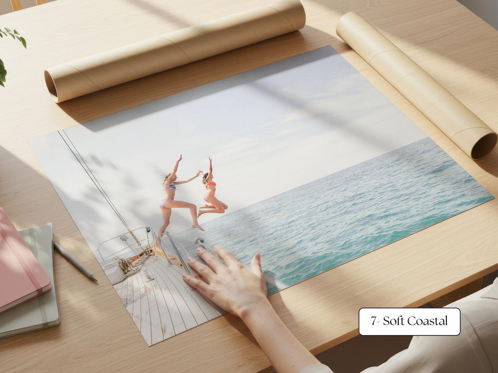 Soft Coastal Print FRAMED or UNFRAMED, Pastel Beach Wall Art, Girls Jumping Art, Coastal Ocean Poster, Girls Jumping Art Print