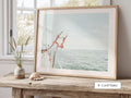 Blue Coastal Print FRAMED or UNFRAMED, Light Pastel Beach Wall Art, Boho Coastal Photography, Summer Ocean Poster, Girls Jumping Art Print