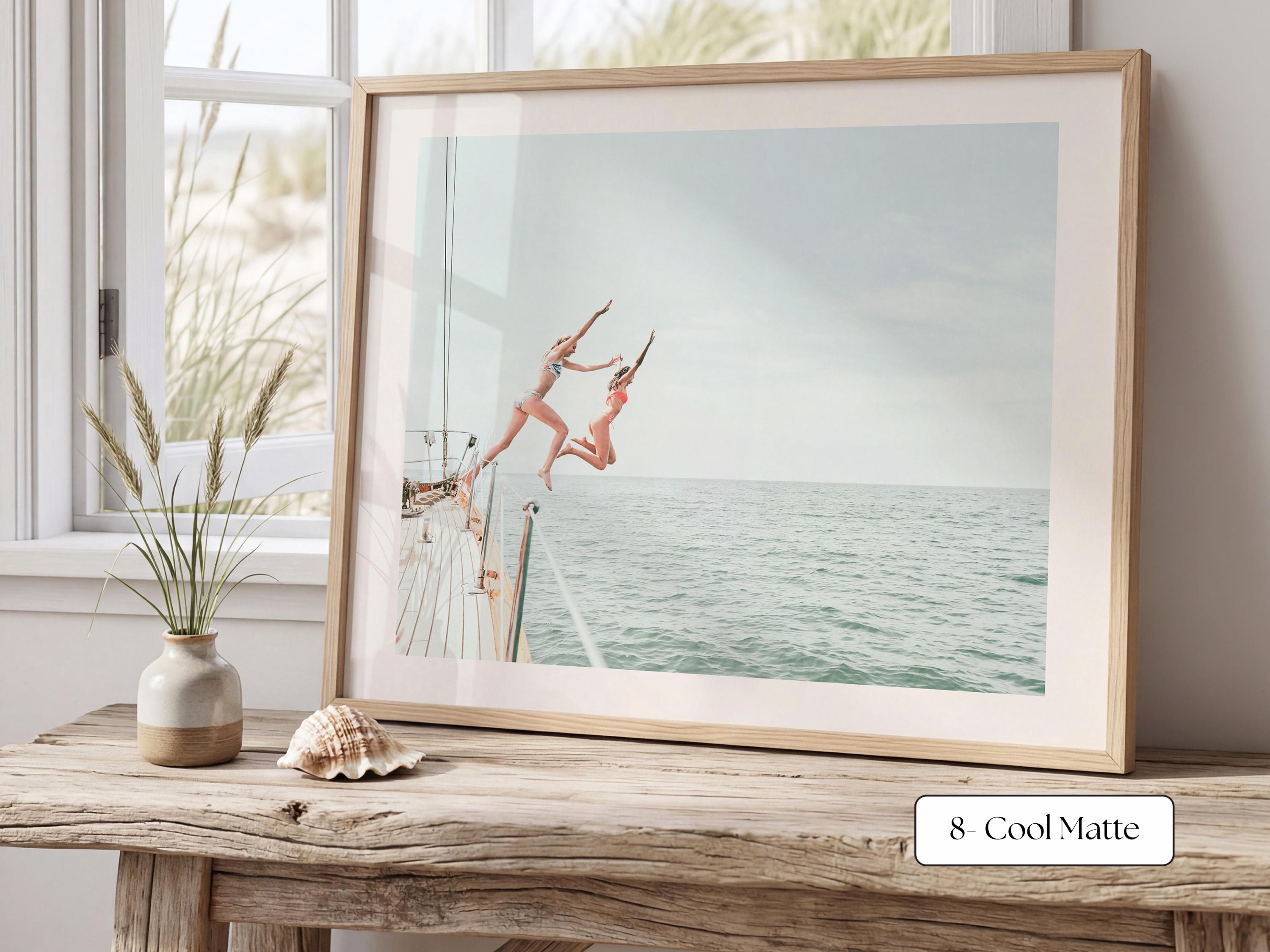 Blue Coastal Print FRAMED or UNFRAMED, Light Pastel Beach Wall Art, Boho Coastal Photography, Summer Ocean Poster, Girls Jumping Art Print