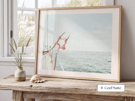 Blue Coastal Print FRAMED or UNFRAMED, Light Pastel Beach Wall Art, Boho Coastal Photography, Summer Ocean Poster, Girls Jumping Art Print