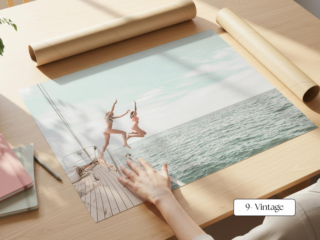 Vintage Coastal Print FRAMED or UNFRAMED, Pastel Beach Wall Art, Boho Coastal Photography, Summer Ocean Poster, Girls Jumping Art Print