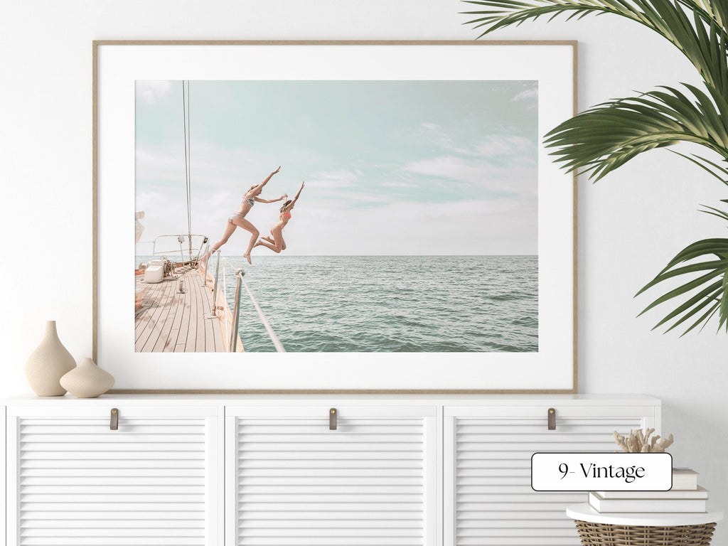 Vintage Coastal Print FRAMED or UNFRAMED, Pastel Beach Wall Art, Boho Coastal Photography, Summer Ocean Poster, Girls Jumping Art Print