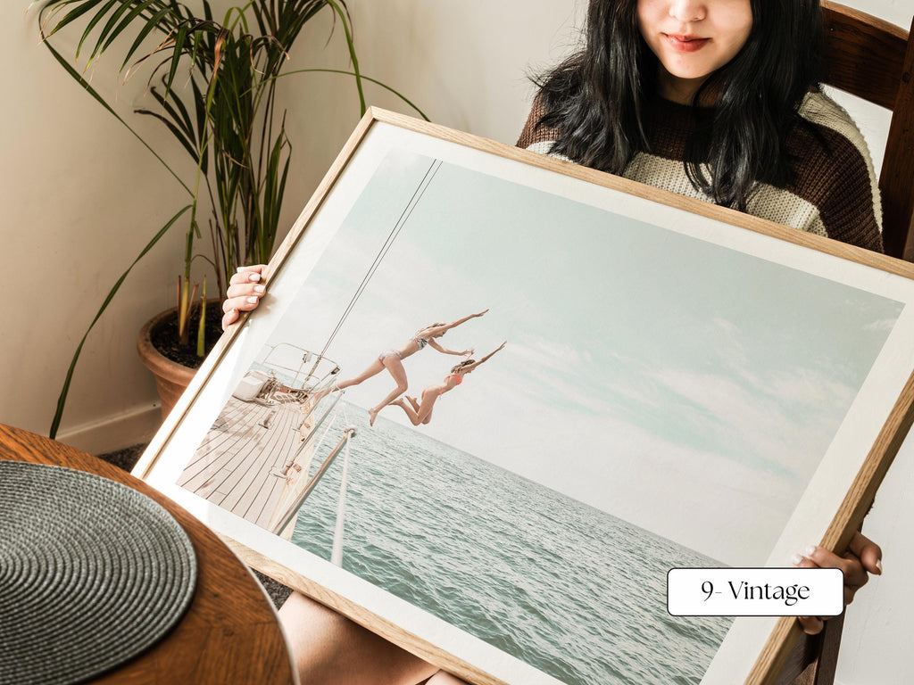 Vintage Coastal Print FRAMED or UNFRAMED, Pastel Beach Wall Art, Boho Coastal Photography, Summer Ocean Poster, Girls Jumping Art Print