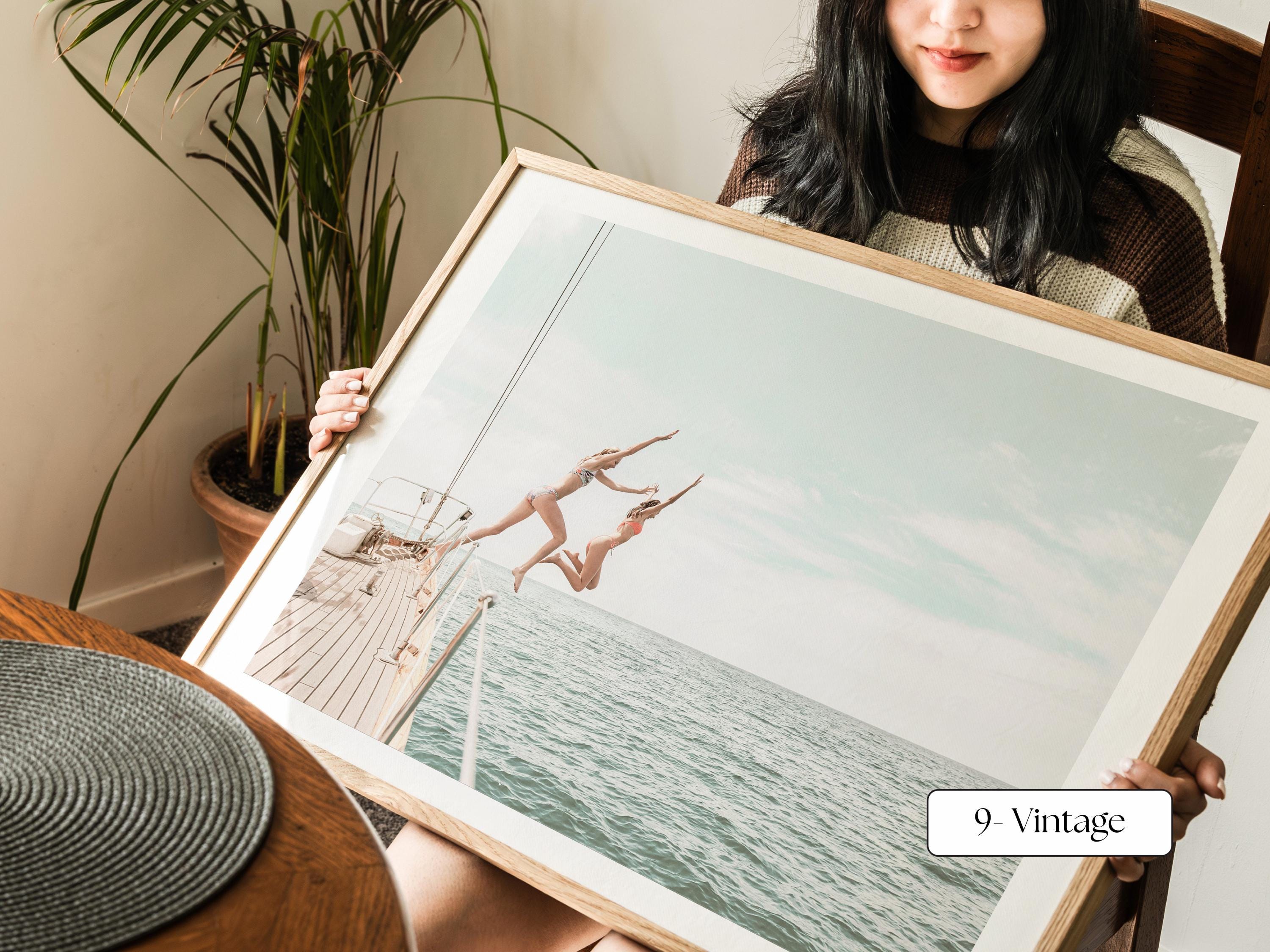 Vintage Coastal Print FRAMED or UNFRAMED, Pastel Beach Wall Art, Boho Coastal Photography, Summer Ocean Poster, Girls Jumping Art Print