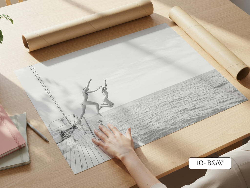 Black and White Coastal Print FRAMED or UNFRAMED, B&W Beach Wall Art, Boho Coastal Photography, Summer Ocean Poster, Girls Jumping Print