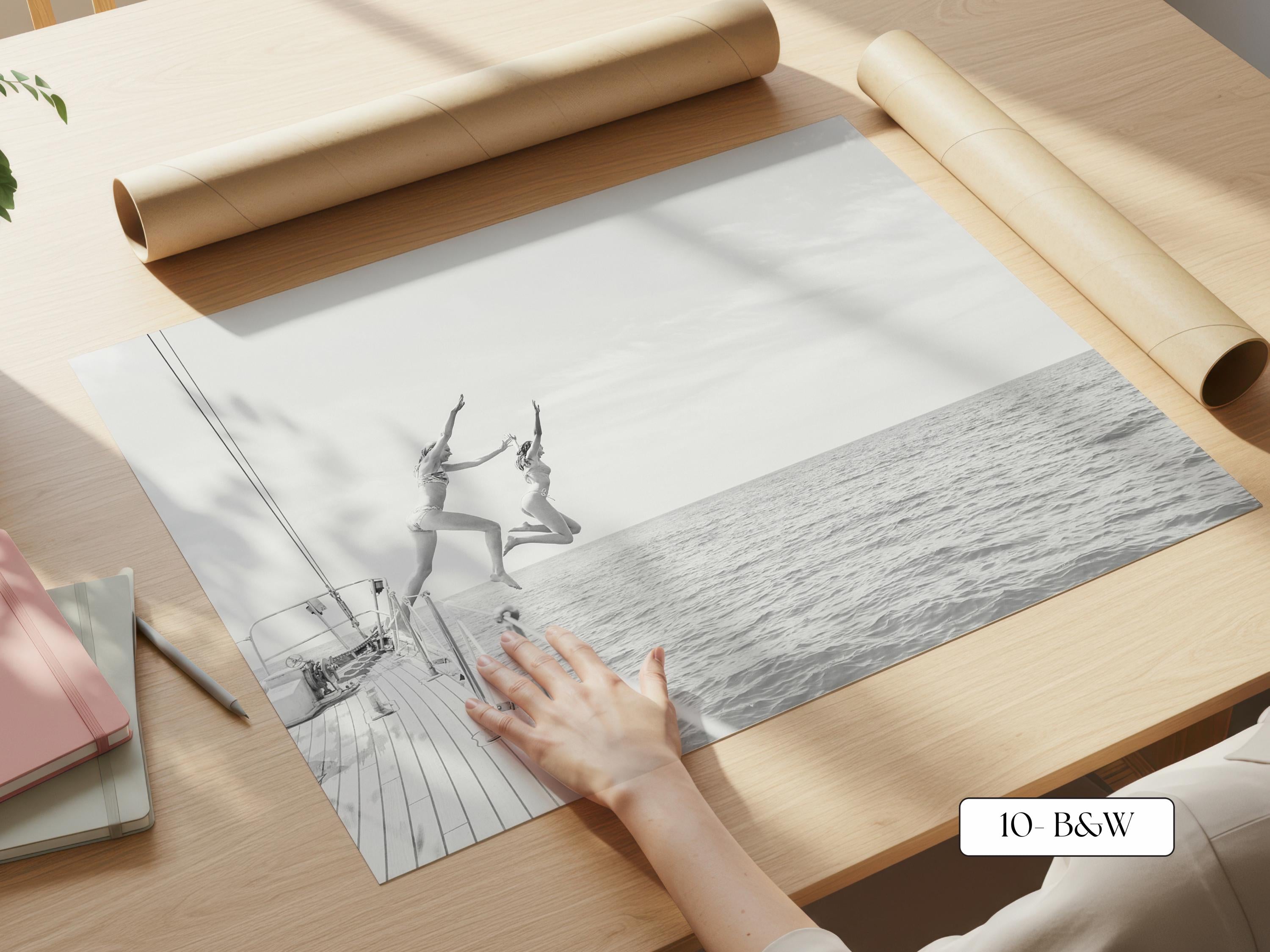 Black and White Coastal Print FRAMED or UNFRAMED, B&W Beach Wall Art, Boho Coastal Photography, Summer Ocean Poster, Girls Jumping Print