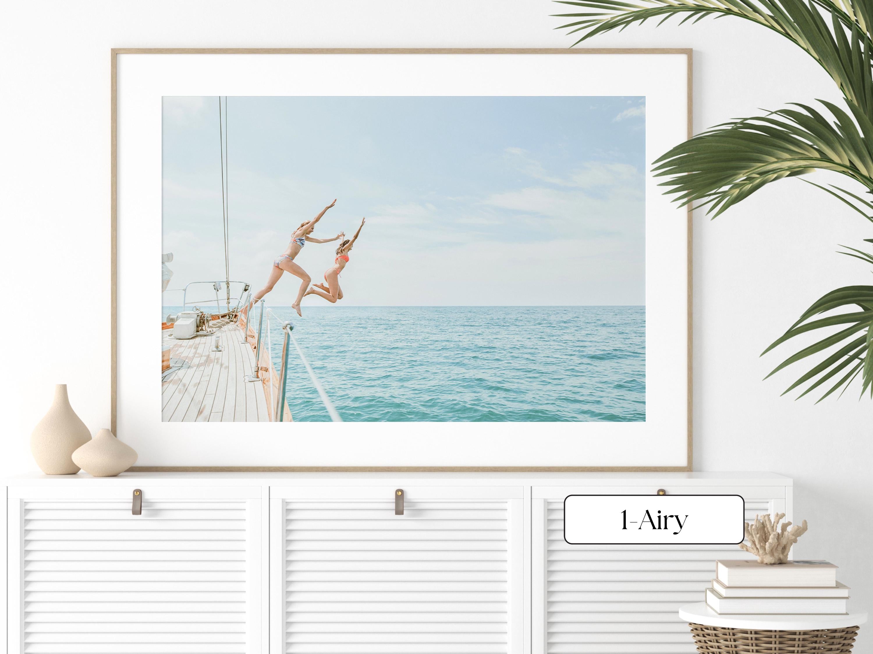 Coastal Print FRAMED or UNFRAMED, Pastel Beach Wall Art, Boho Coastal Photography, Summer Ocean Poster, Girls Jumping Print