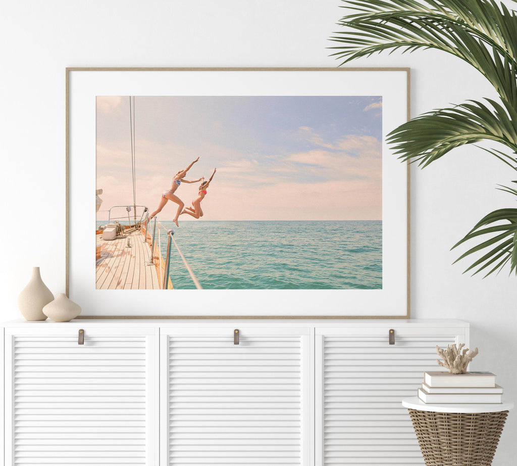 Coastal Print Digital Download, Colorful Beach Wall Art, Boho Coastal Photography, Summer Ocean Poster, Girls Jumping Print