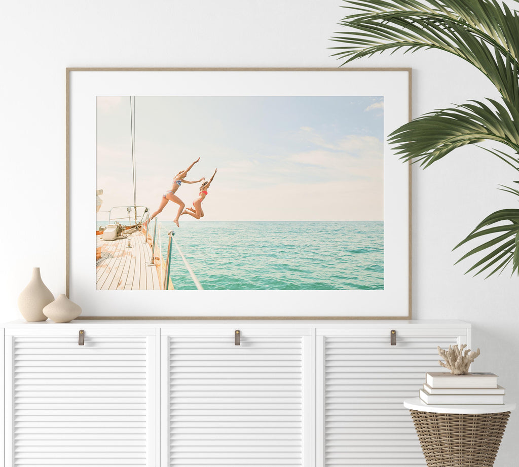 Coastal Print Digital Download, Pastel Beach Wall Art, Boho Coastal Photography, Summer Ocean Poster, Girls Jumping Art, Instant Download