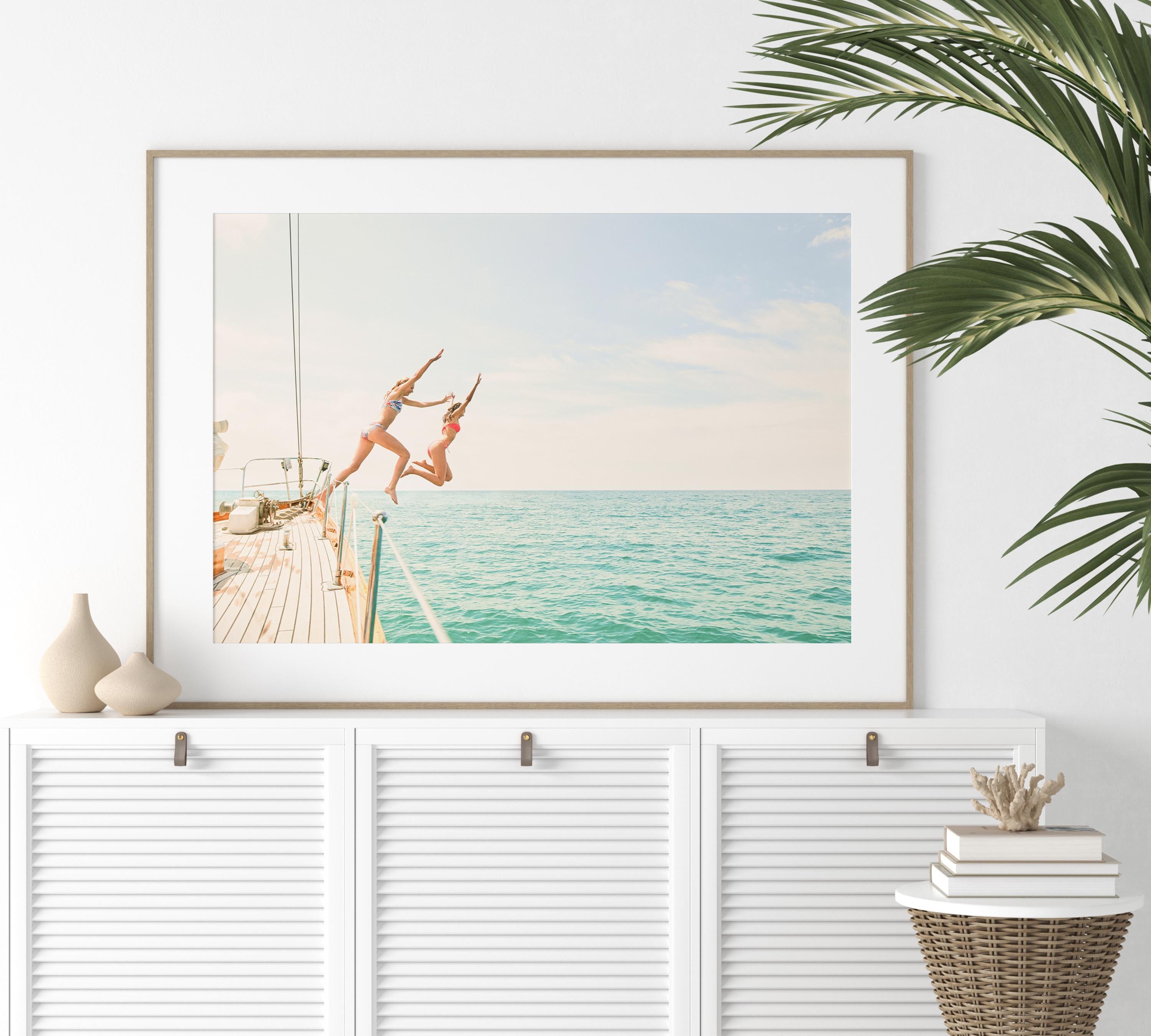 Coastal Print Digital Download, Pastel Beach Wall Art, Boho Coastal Photography, Summer Ocean Poster, Girls Jumping Art, Instant Download