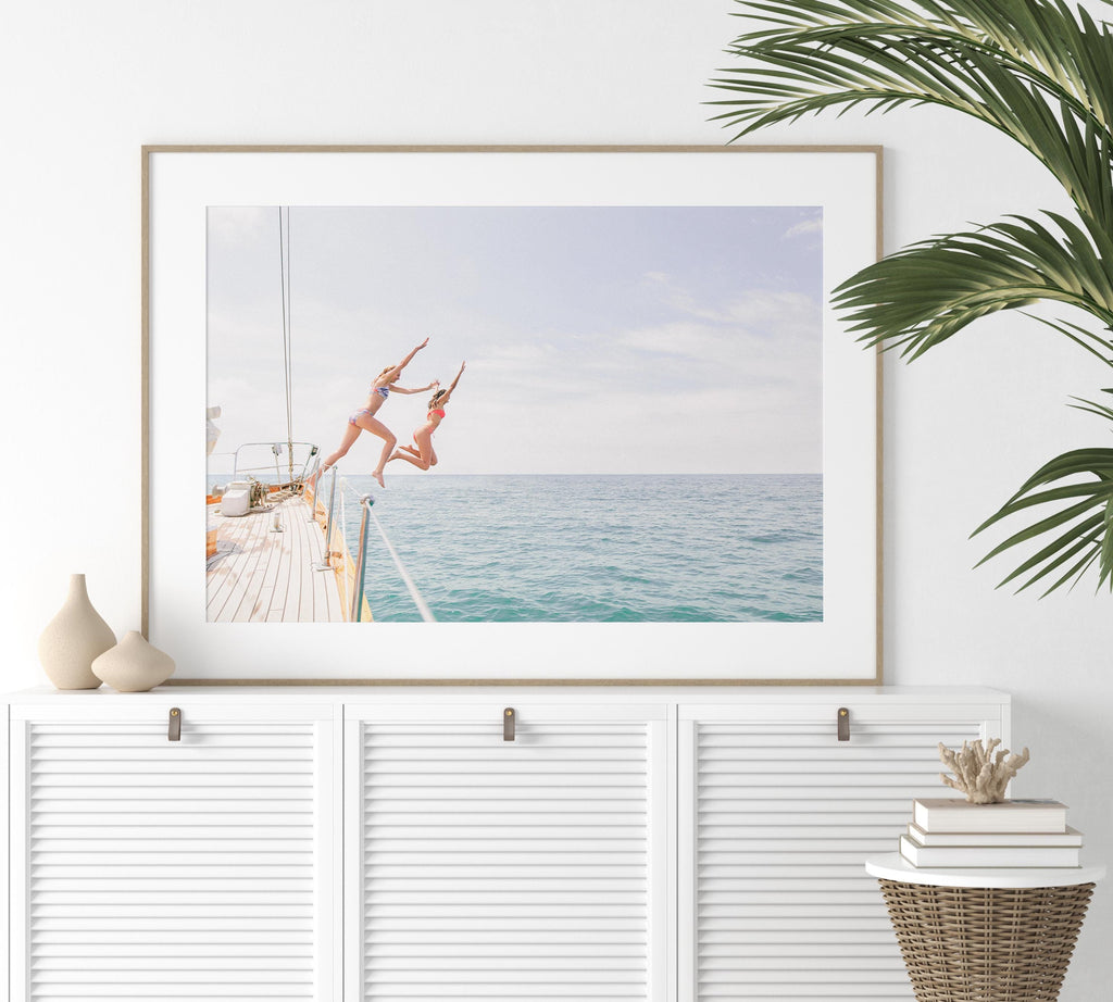 Coastal Print Digital Download, Pastel Beach Wall Art, Boho Coastal Photography, Summer Ocean Poster, Girls Jumping Art, Instant Download