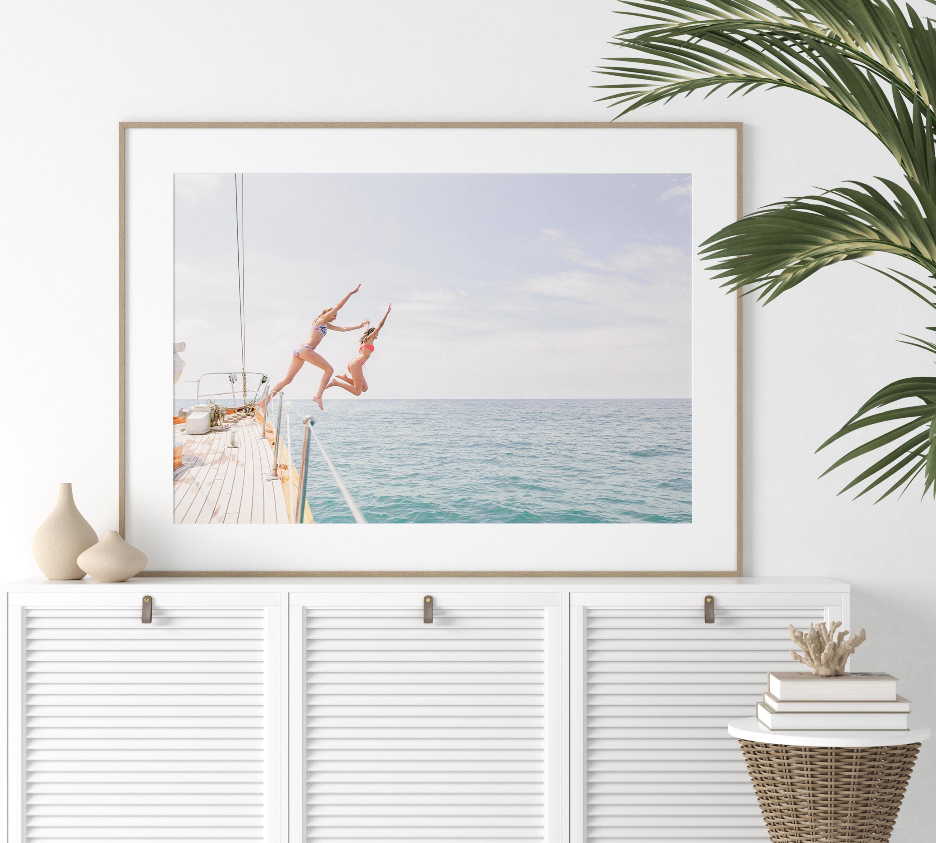 Coastal Print Digital Download, Pastel Beach Wall Art, Boho Coastal Photography, Summer Ocean Poster, Girls Jumping Art, Instant Download