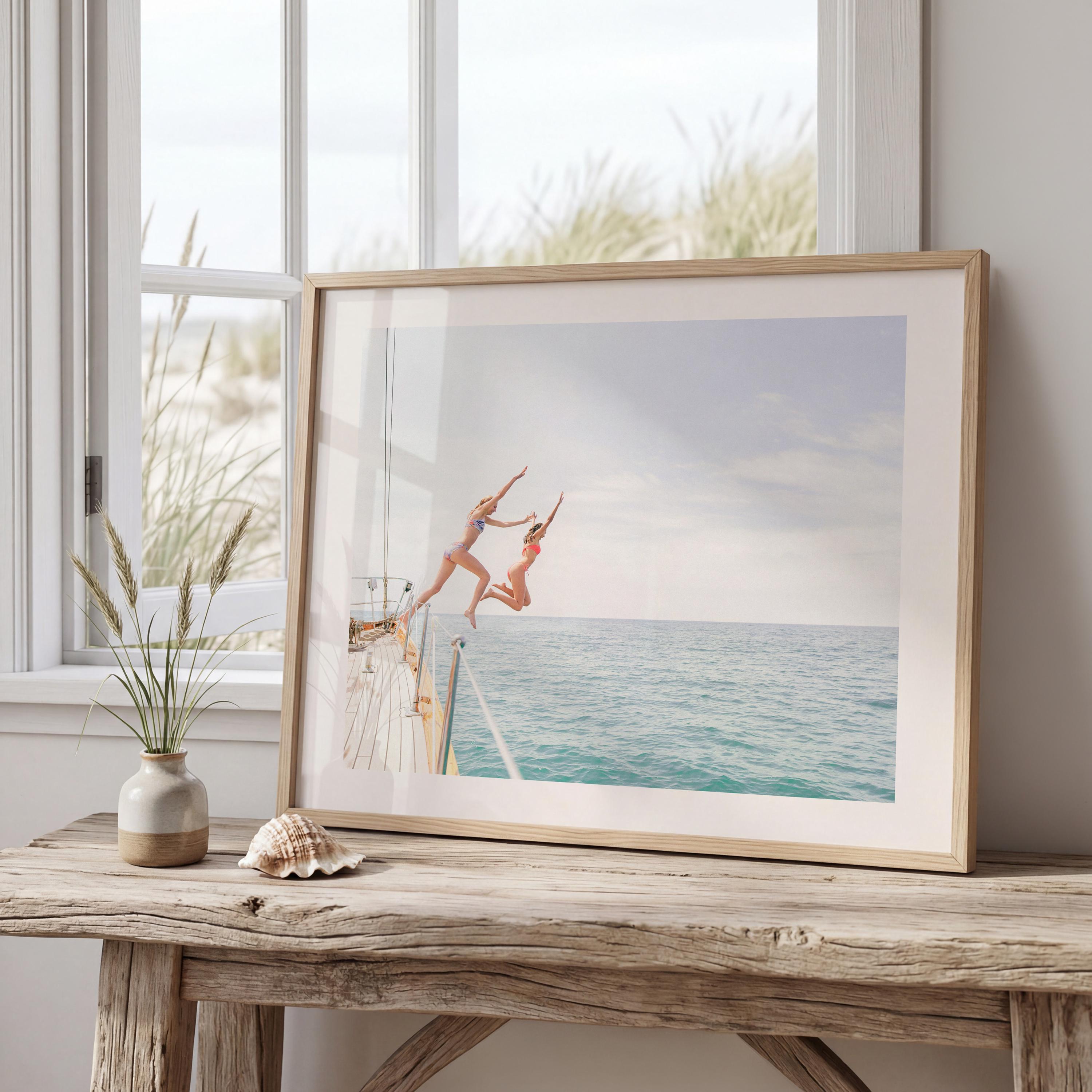 Coastal Print Digital Download, Pastel Beach Wall Art, Boho Coastal Photography, Summer Ocean Poster, Girls Jumping Art, Instant Download