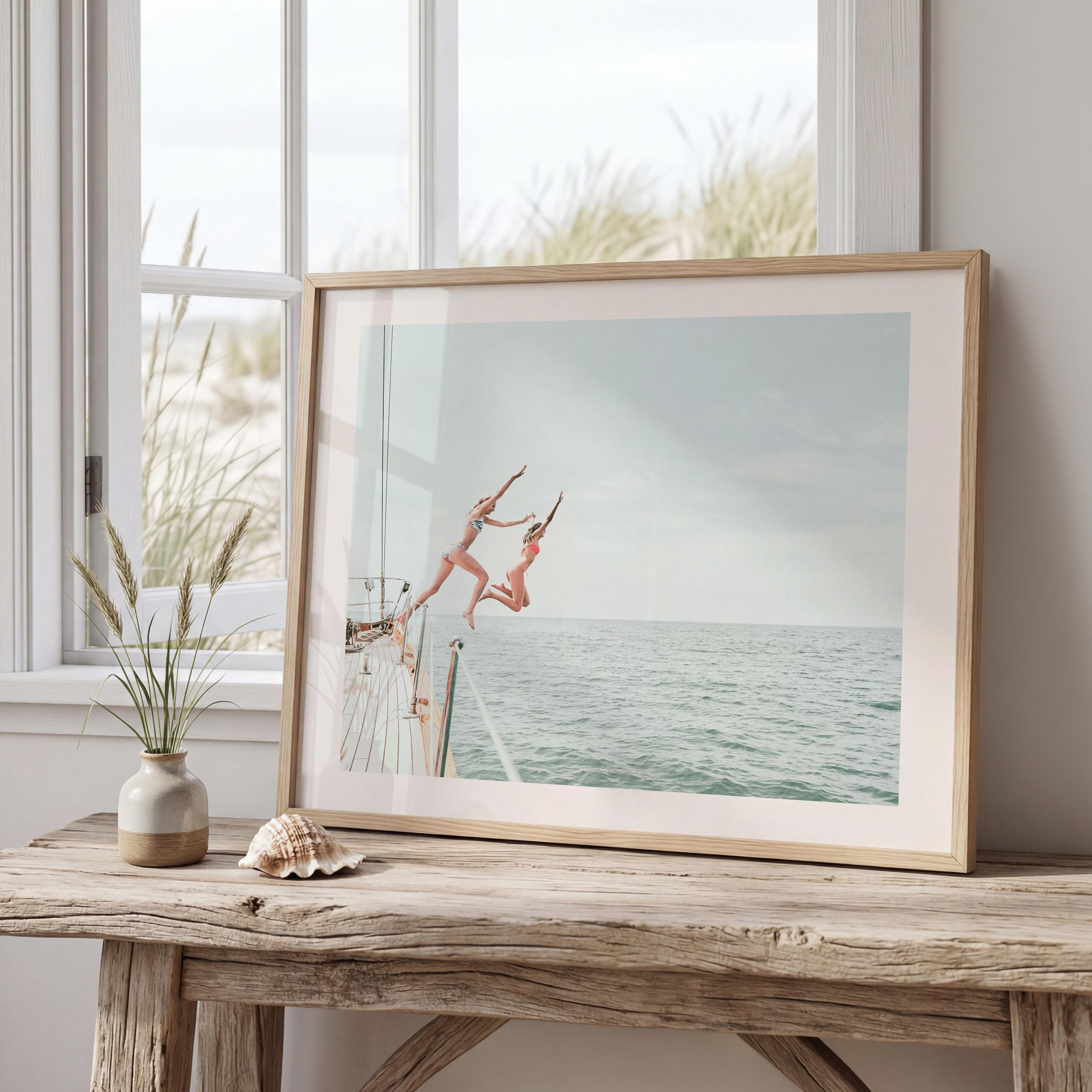 Coastal Print Digital Download, Pastel Beach Wall Art, Boho Coastal Photography, Summer Ocean Poster, Girls Jumping Art, Instant Download