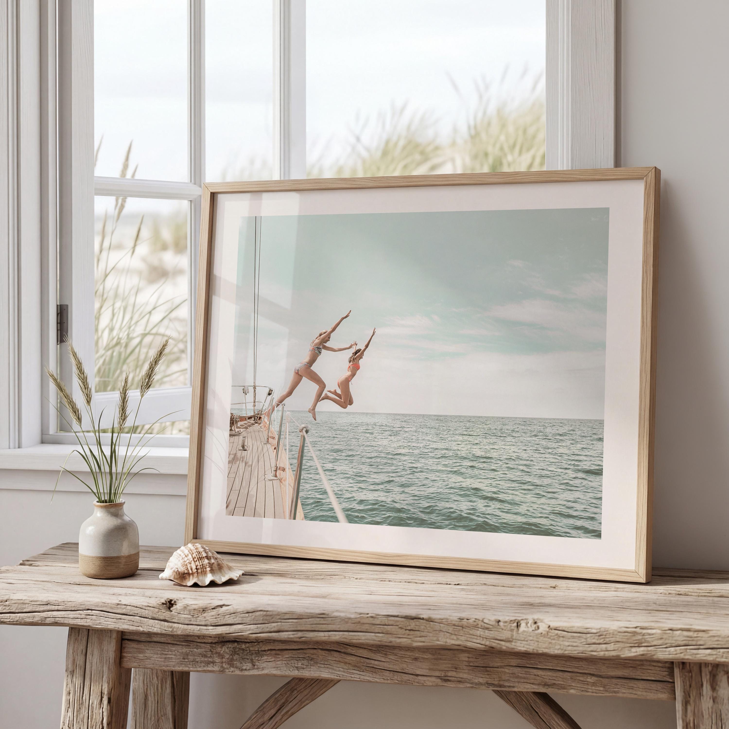 Coastal Print Digital Download, Pastel Beach Wall Art, Boho Coastal Photography, Summer Ocean Poster, Girls Jumping Art, Instant Download