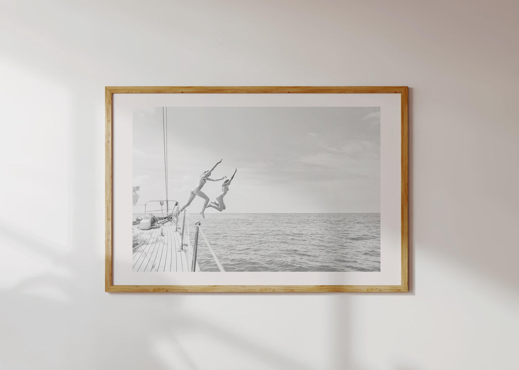 Coastal Print Digital Download, Black and White Beach Wall Art, Coastal Photography, B&W Ocean Poster, Girls Jumping Art, Instant Download