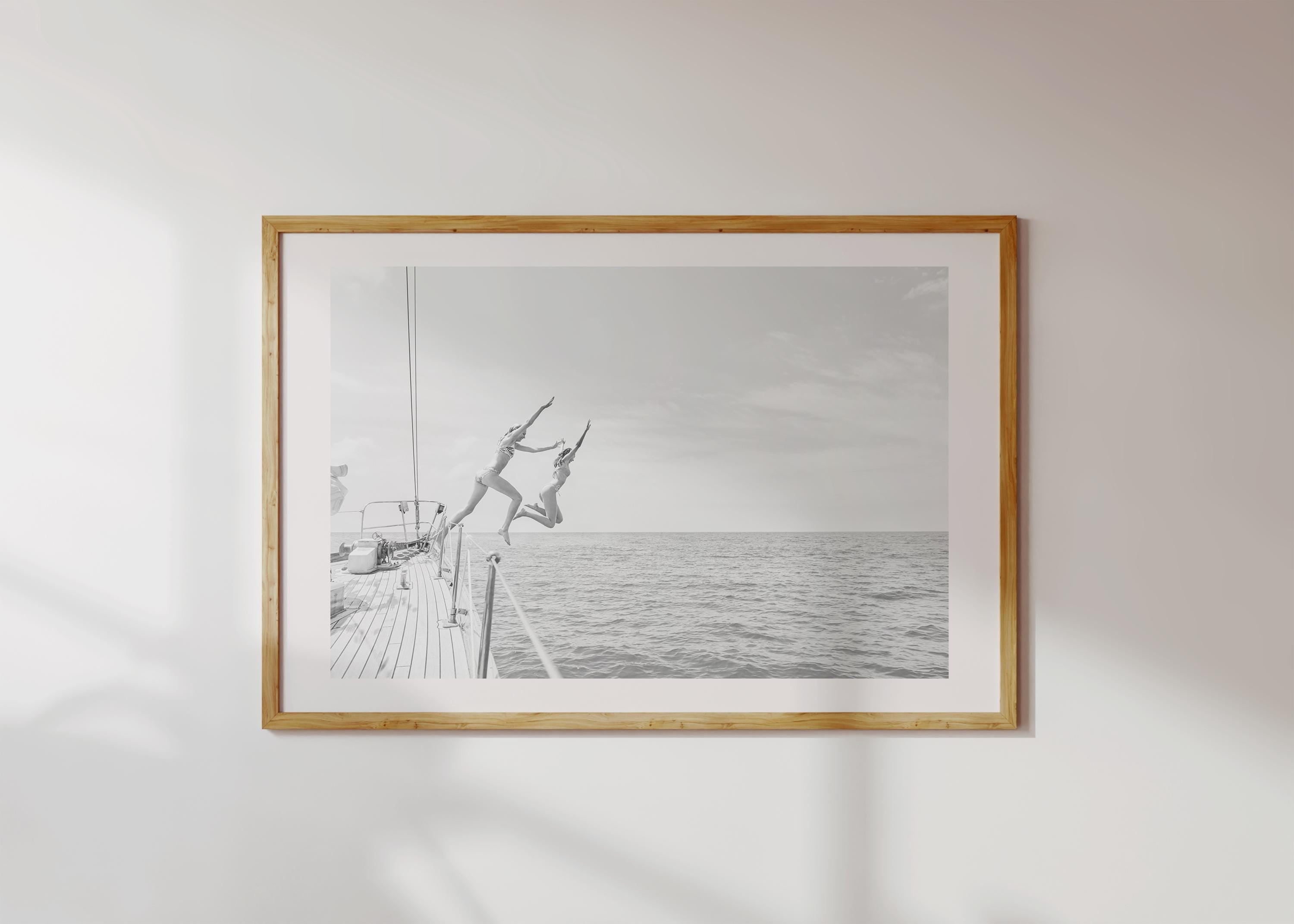 Coastal Print Digital Download, Black and White Beach Wall Art, Coastal Photography, B&W Ocean Poster, Girls Jumping Art, Instant Download