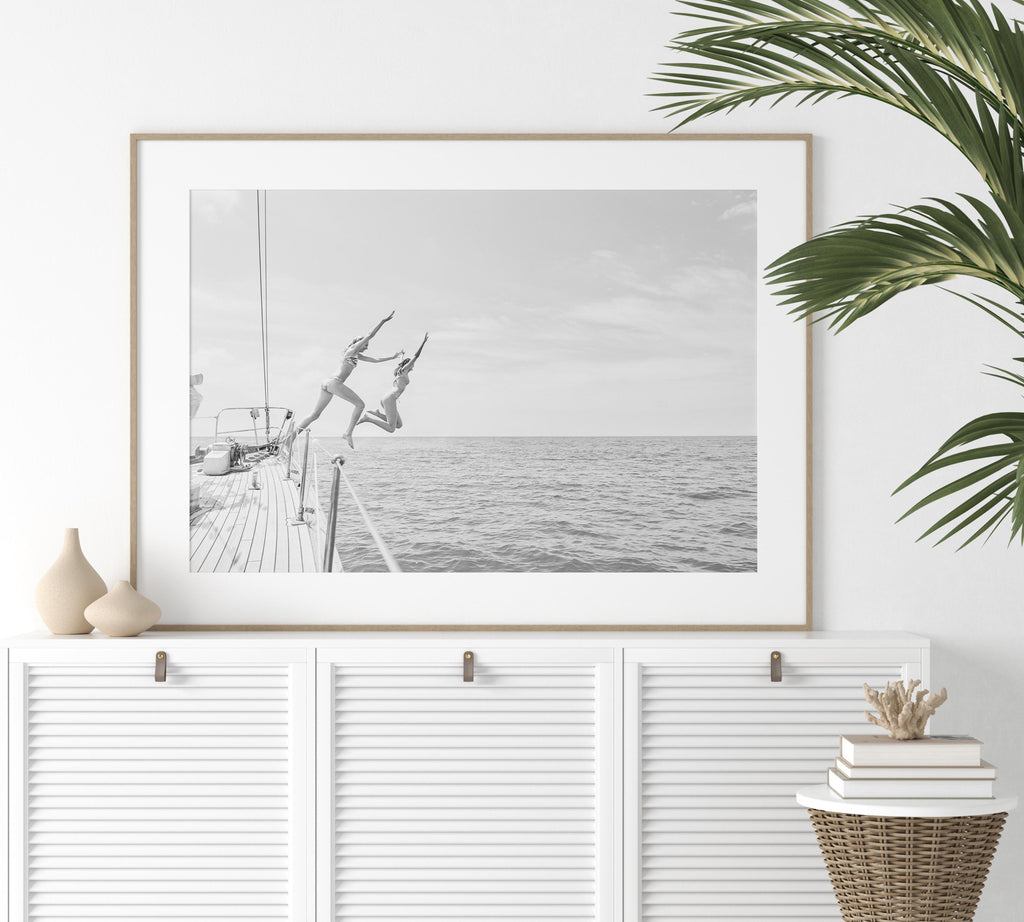 Coastal Print Digital Download, Black and White Beach Wall Art, Coastal Photography, B&W Ocean Poster, Girls Jumping Art, Instant Download