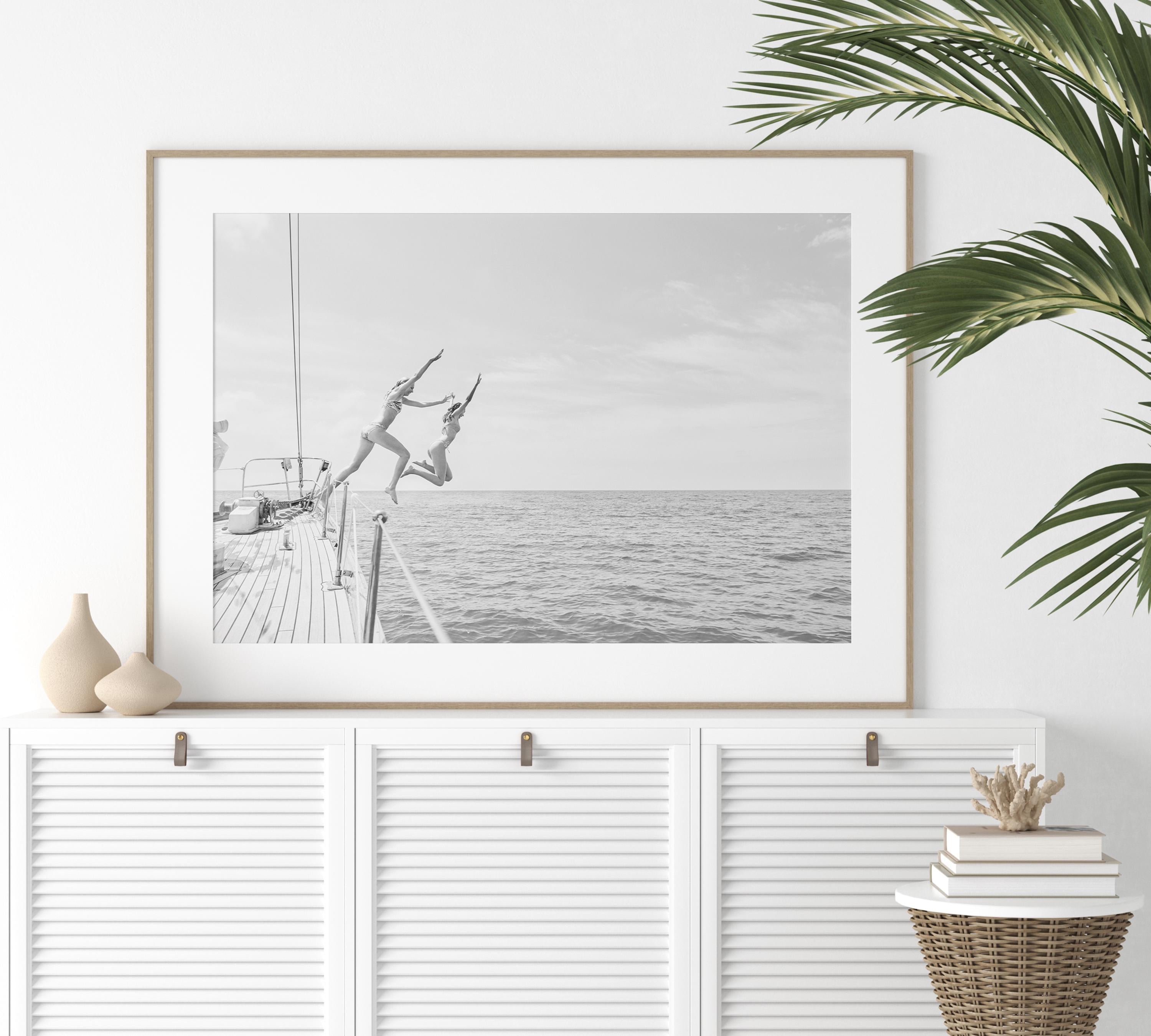 Coastal Print Digital Download, Black and White Beach Wall Art, Coastal Photography, B&W Ocean Poster, Girls Jumping Art, Instant Download