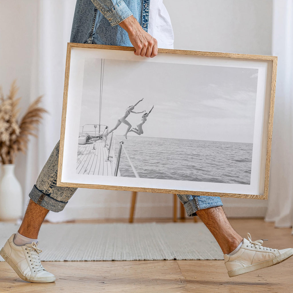 Coastal Print Digital Download, Black and White Beach Wall Art, Coastal Photography, B&W Ocean Poster, Girls Jumping Art, Instant Download