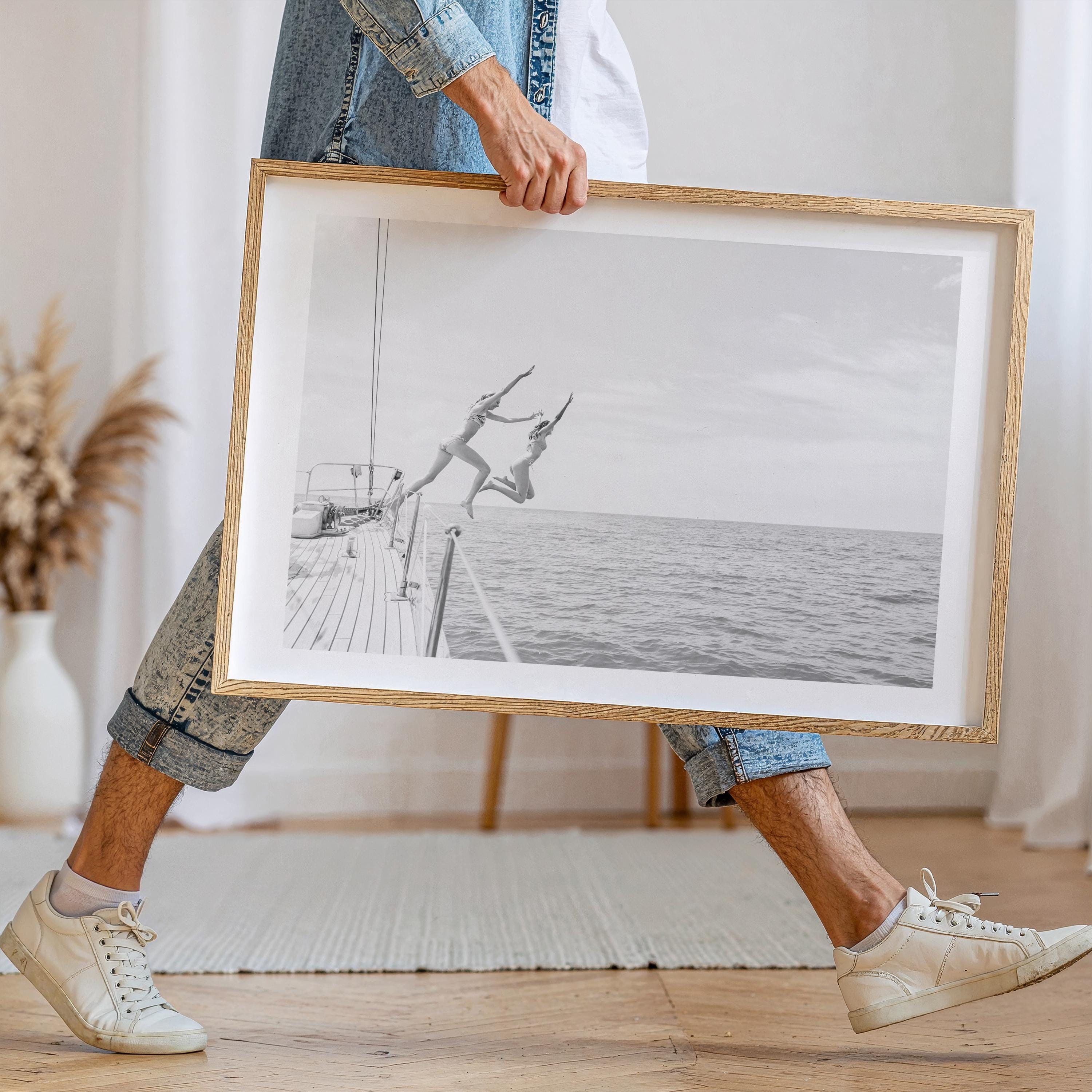 Coastal Print Digital Download, Black and White Beach Wall Art, Coastal Photography, B&W Ocean Poster, Girls Jumping Art, Instant Download
