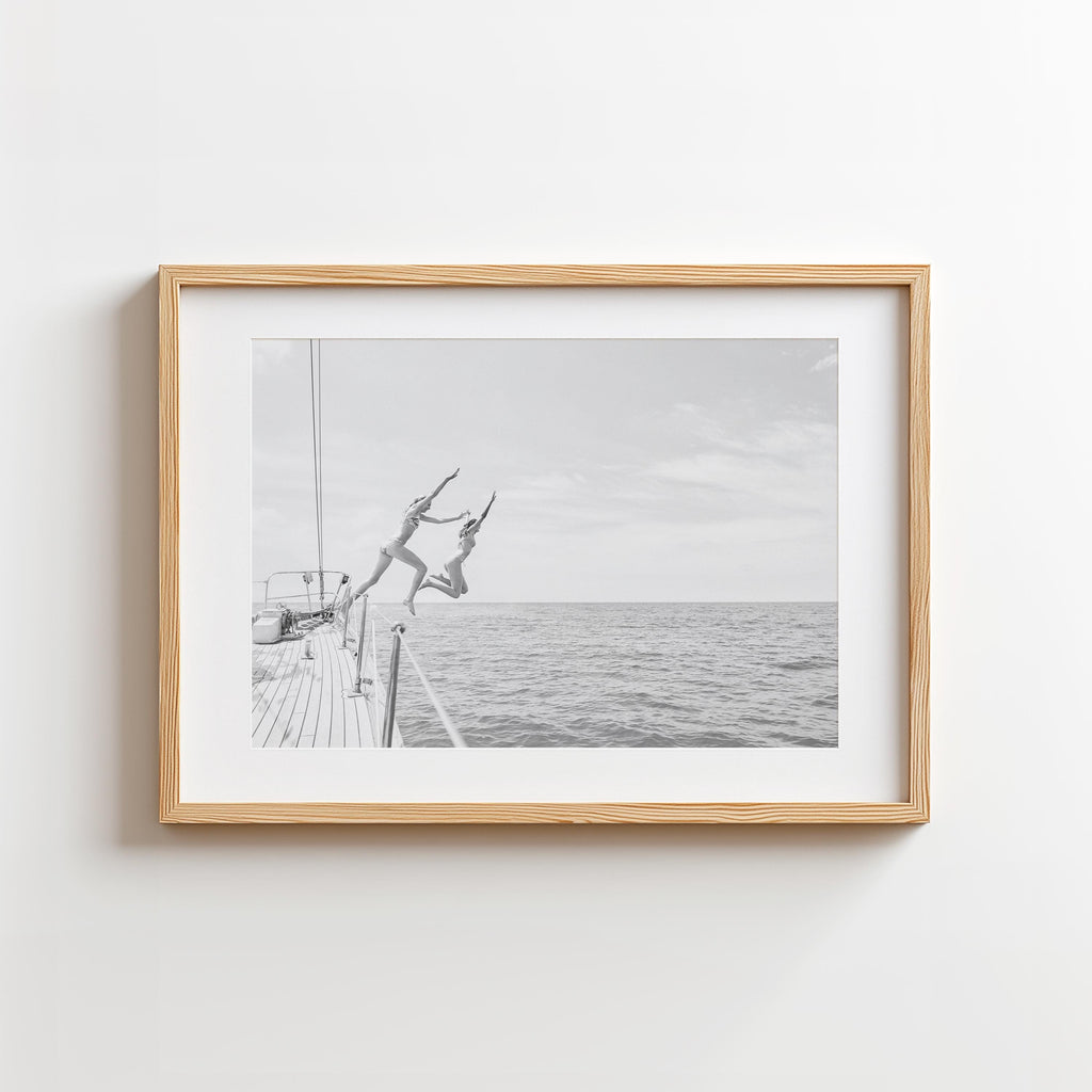 Coastal Print Digital Download, Black and White Beach Wall Art, Coastal Photography, B&W Ocean Poster, Girls Jumping Art, Instant Download