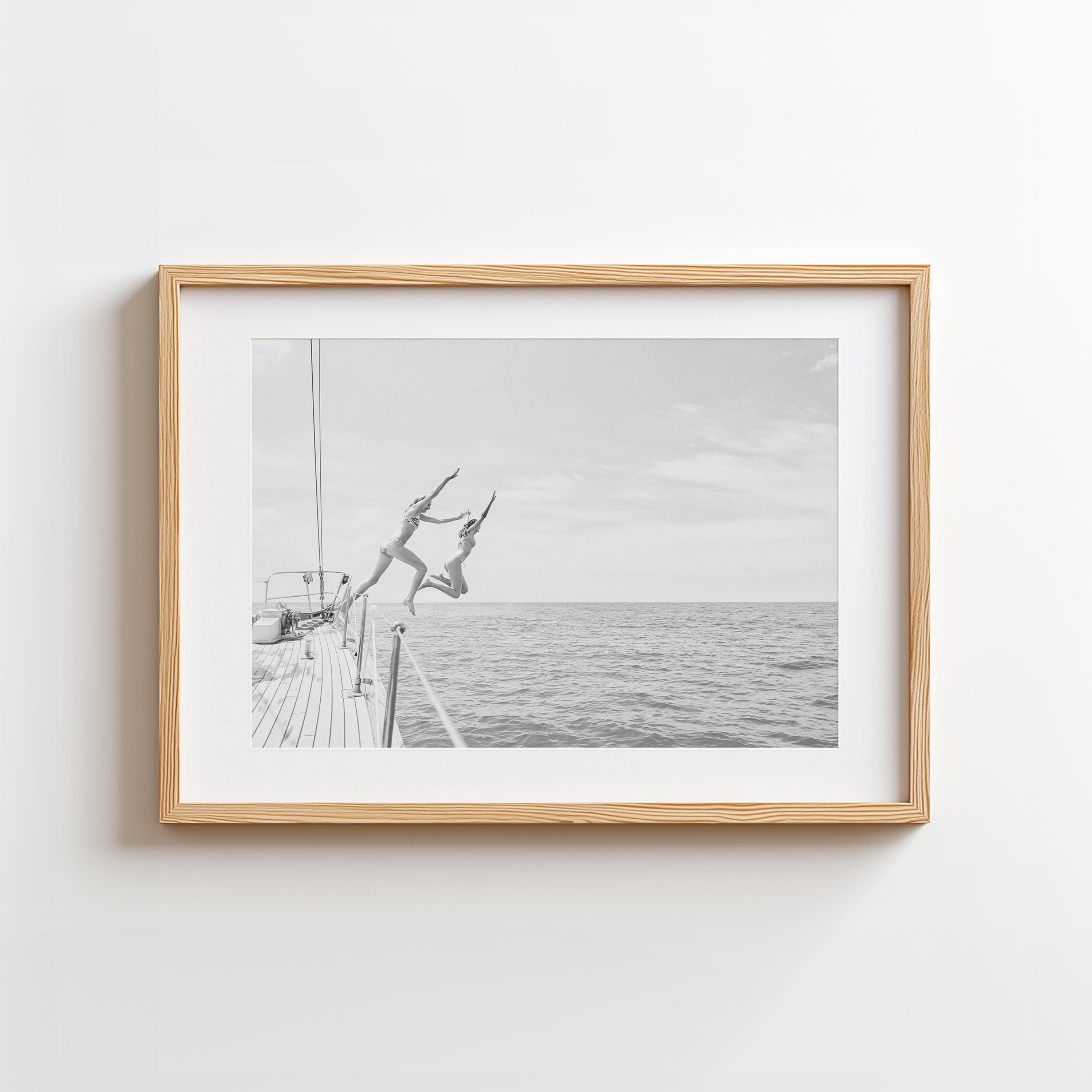 Coastal Print Digital Download, Black and White Beach Wall Art, Coastal Photography, B&W Ocean Poster, Girls Jumping Art, Instant Download