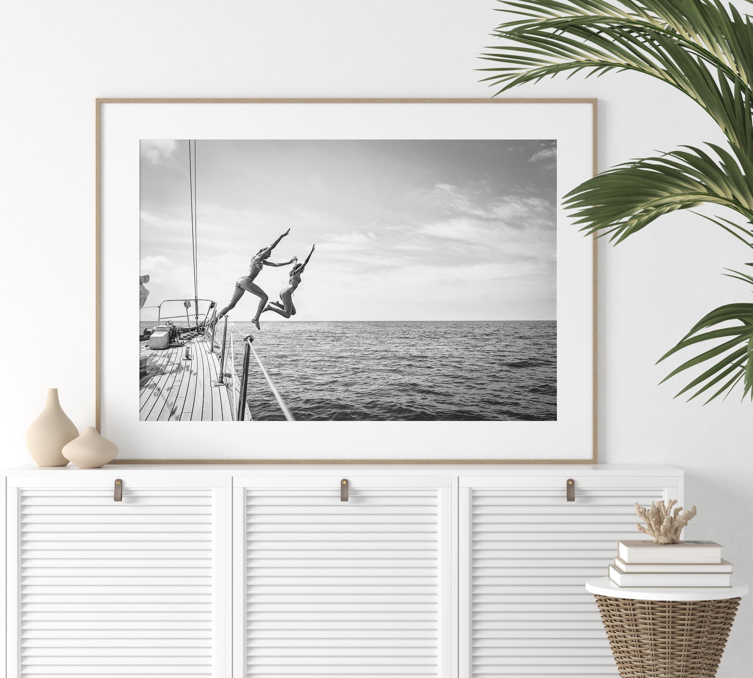 BW Coastal Print Digital Download, Pastel Beach Wall Art, Boho Coastal Photography, Summer Ocean Poster, Girls Jumping Art, Instant Download