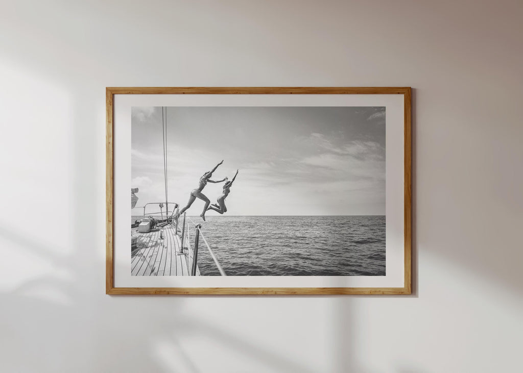BW Coastal Print Digital Download, Pastel Beach Wall Art, Boho Coastal Photography, Summer Ocean Poster, Girls Jumping Art, Instant Download