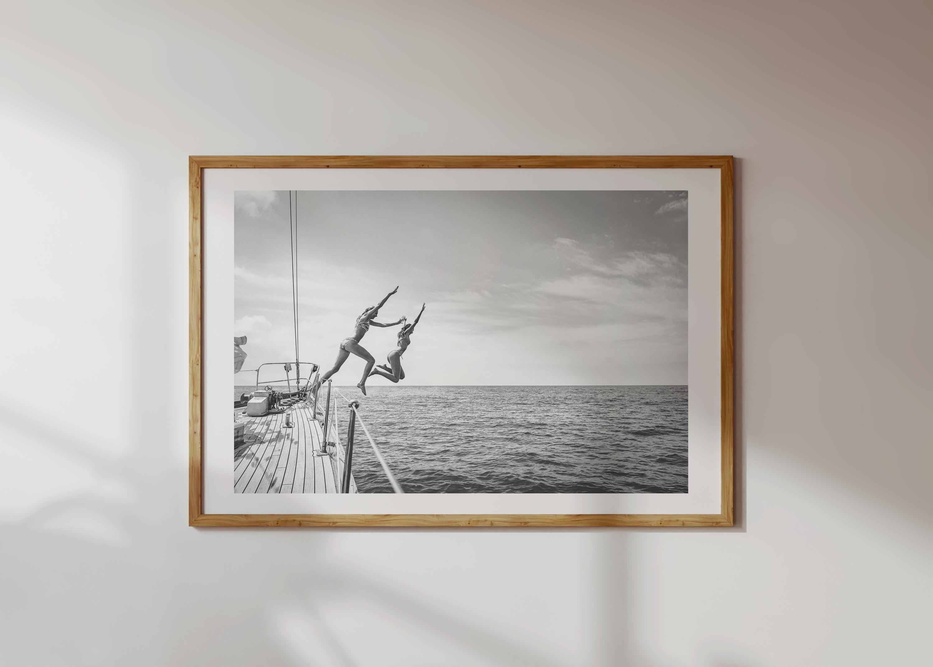 BW Coastal Print Digital Download, Pastel Beach Wall Art, Boho Coastal Photography, Summer Ocean Poster, Girls Jumping Art, Instant Download