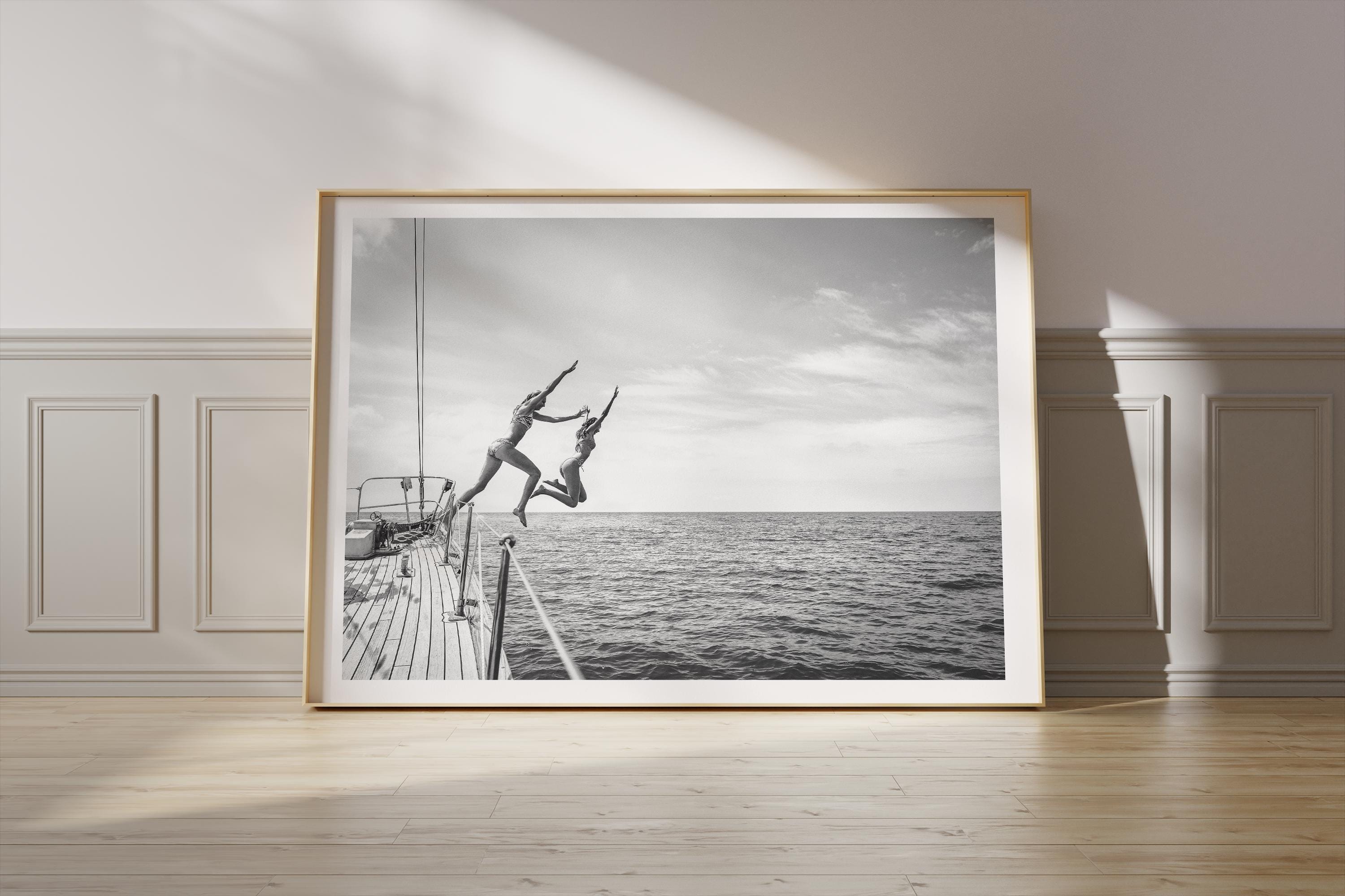 BW Coastal Print Digital Download, Pastel Beach Wall Art, Boho Coastal Photography, Summer Ocean Poster, Girls Jumping Art, Instant Download