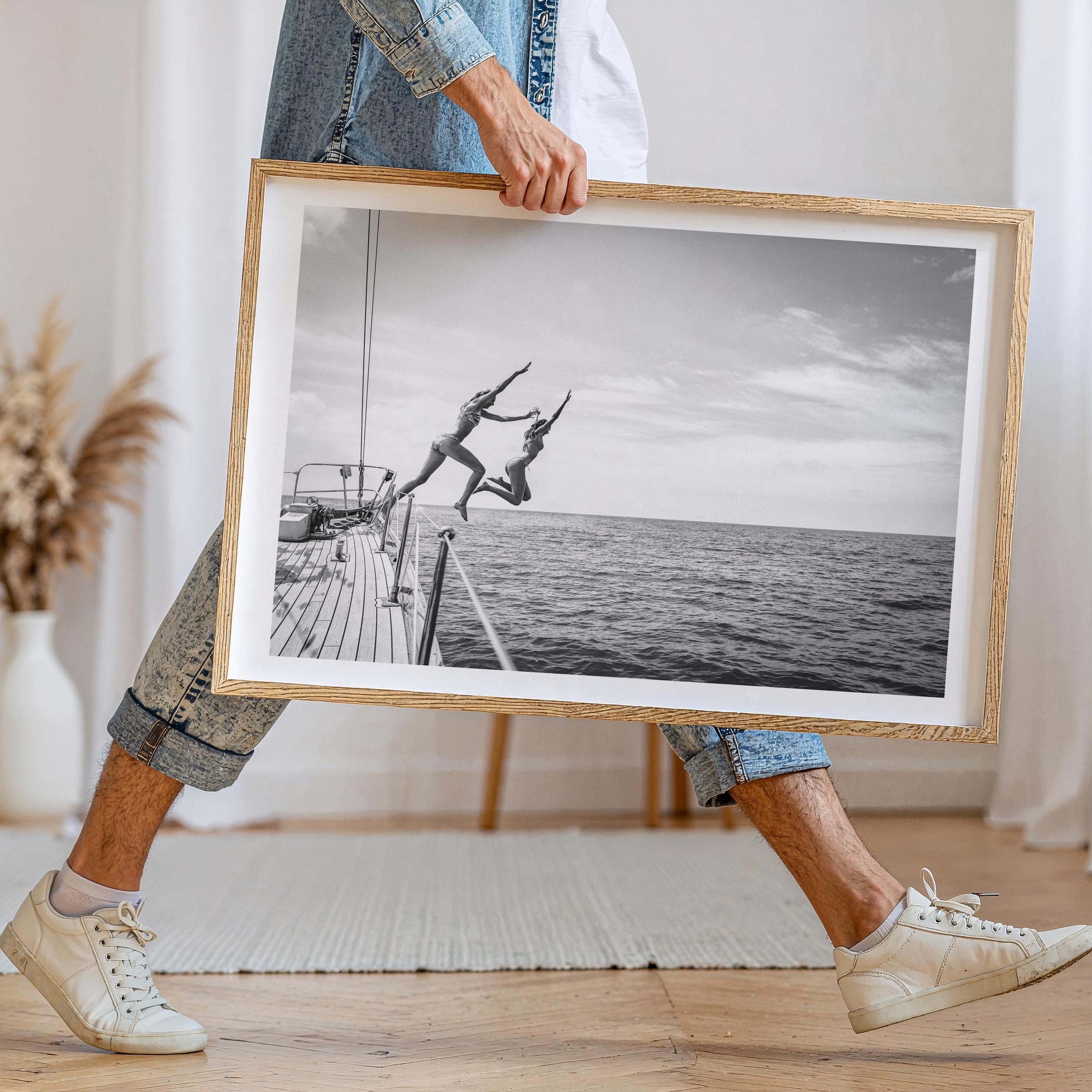 BW Coastal Print Digital Download, Pastel Beach Wall Art, Boho Coastal Photography, Summer Ocean Poster, Girls Jumping Art, Instant Download