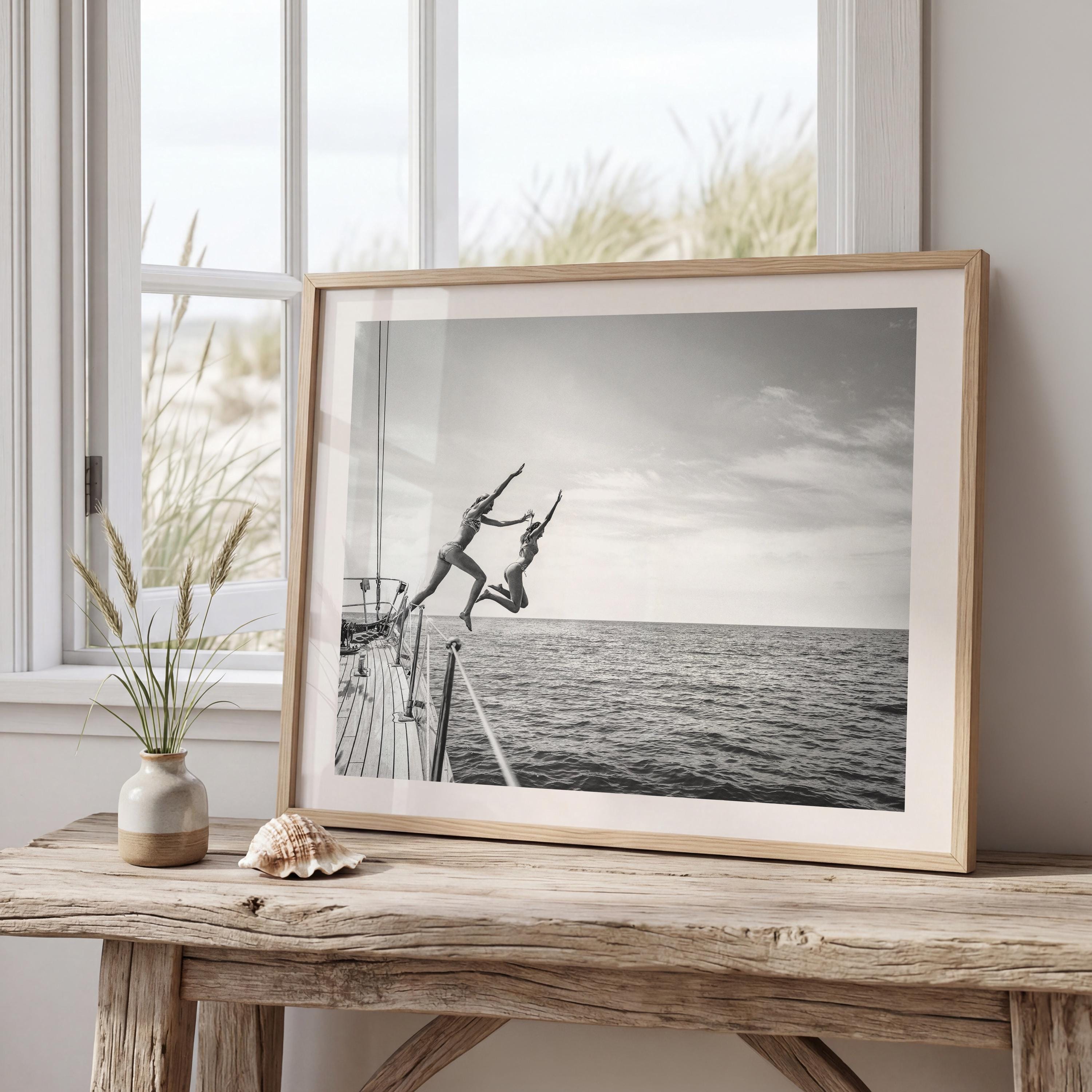 BW Coastal Print Digital Download, Pastel Beach Wall Art, Boho Coastal Photography, Summer Ocean Poster, Girls Jumping Art, Instant Download