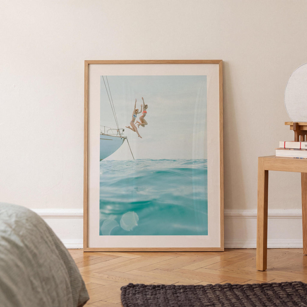 Vertical Coastal Print FRAMED or UNFRAMED, Pastel Beach Wall Art, Boho Coastal Photography, Summer Ocean Poster, Girls Jumping Art Print