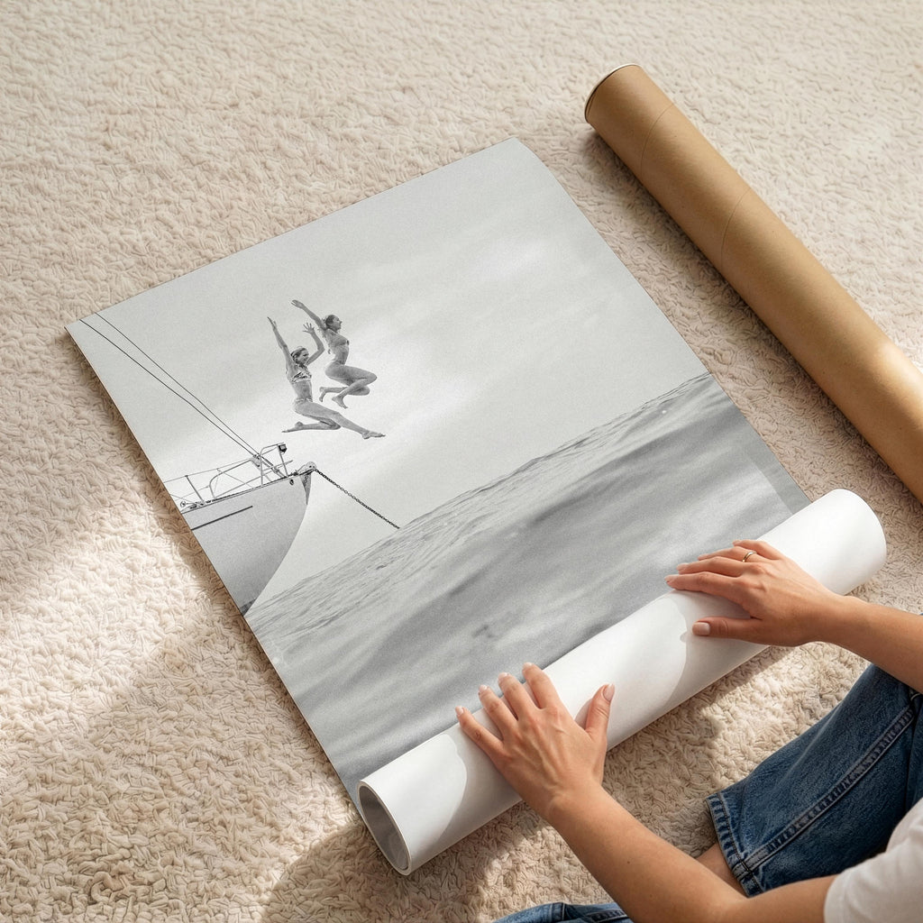 BW Vertical Coastal Print FRAMED or UNFRAMED, Pastel Beach Wall Art, Boho Coastal Photography, Summer Ocean Poster, Girls Jumping Art Print