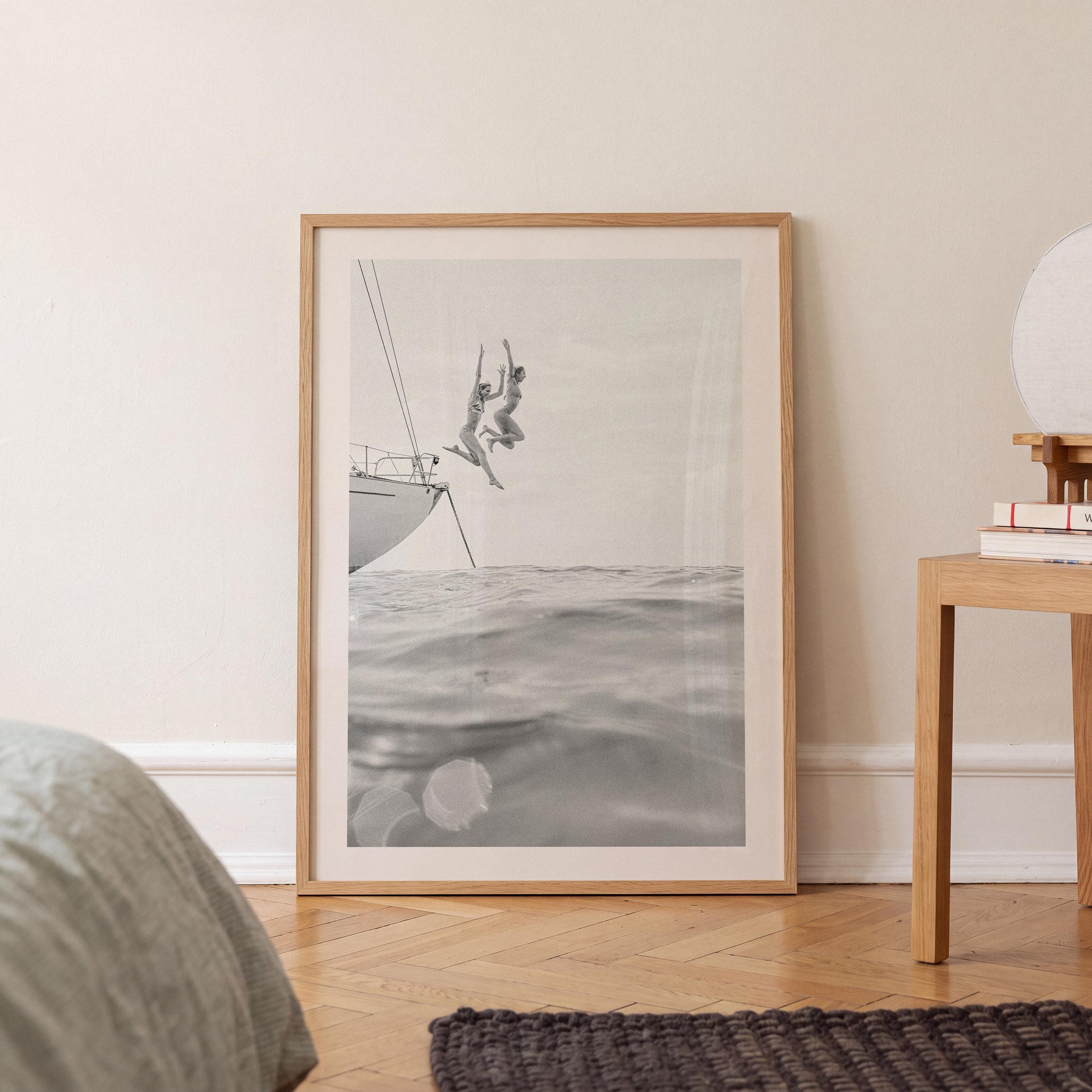 BW Vertical Coastal Print FRAMED or UNFRAMED, Pastel Beach Wall Art, Boho Coastal Photography, Summer Ocean Poster, Girls Jumping Art Print