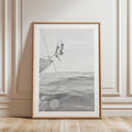 BW Vertical Coastal Print FRAMED or UNFRAMED, Pastel Beach Wall Art, Boho Coastal Photography, Summer Ocean Poster, Girls Jumping Art Print