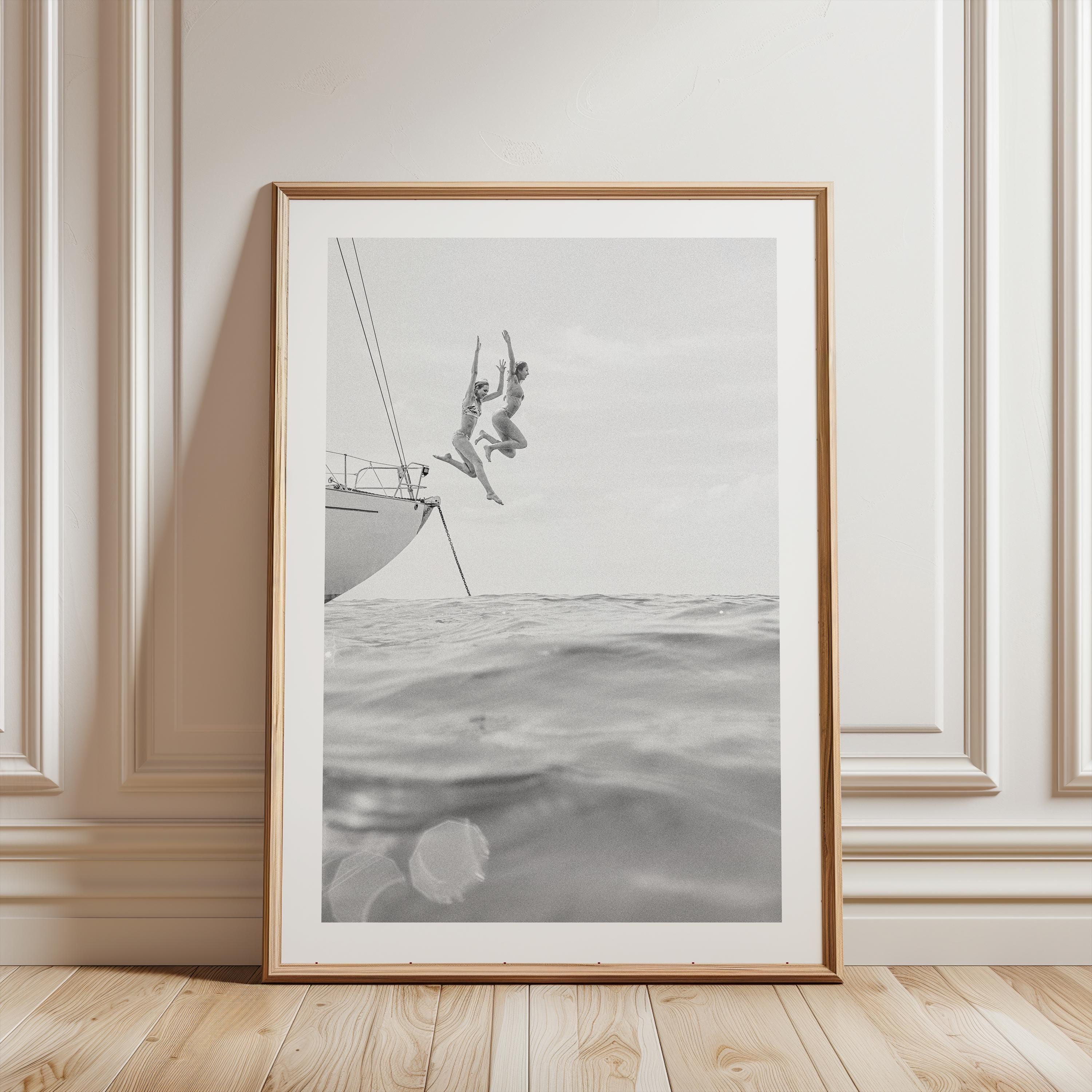 BW Vertical Coastal Print FRAMED or UNFRAMED, Pastel Beach Wall Art, Boho Coastal Photography, Summer Ocean Poster, Girls Jumping Art Print