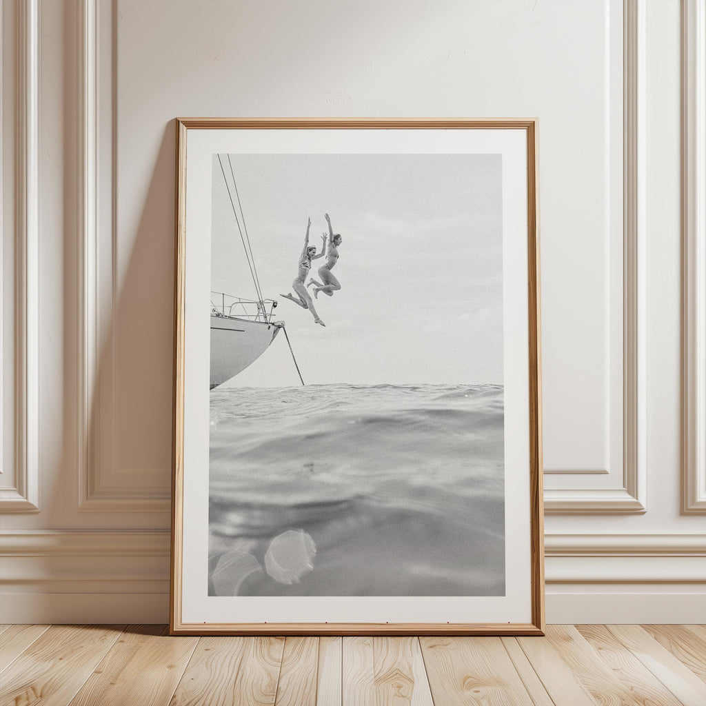 Vertical Coastal Print DIGITAL DOWNLOAD, B&W Beach Wall Art, Boho Coastal Photography, Summer Ocean Poster, Girls Jumping Art Print