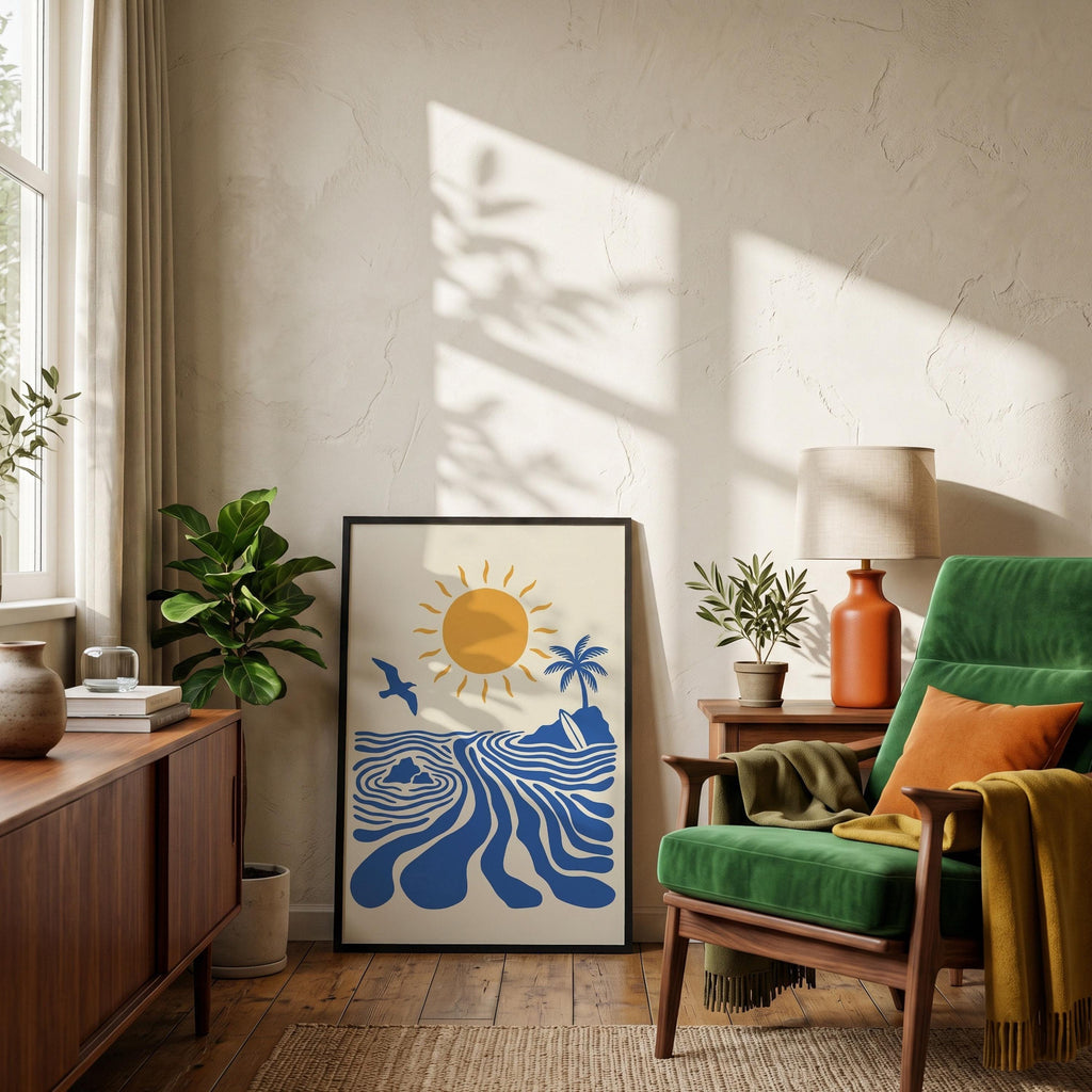 Retro Surfer Art Print, Abstract Blue Wave Wall Art, Coastal Beach Decor Poster, Digital Download