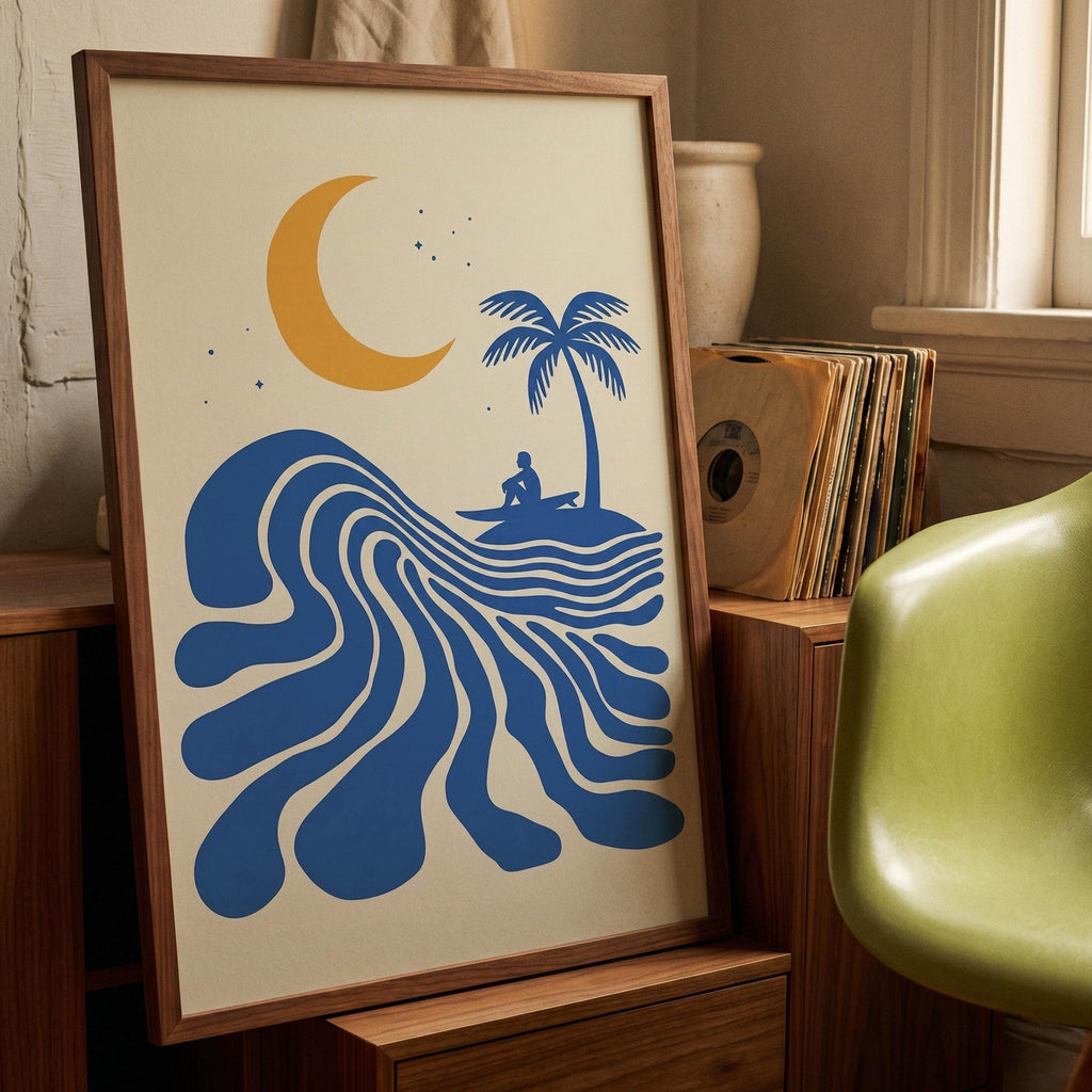 Retro Surfer Art Print, Abstract Wave Wall Art, Coastal Beach Decor, Minimalist Surf Poster, Blue Ocean Wave Print FRAMED or UNFRAMED