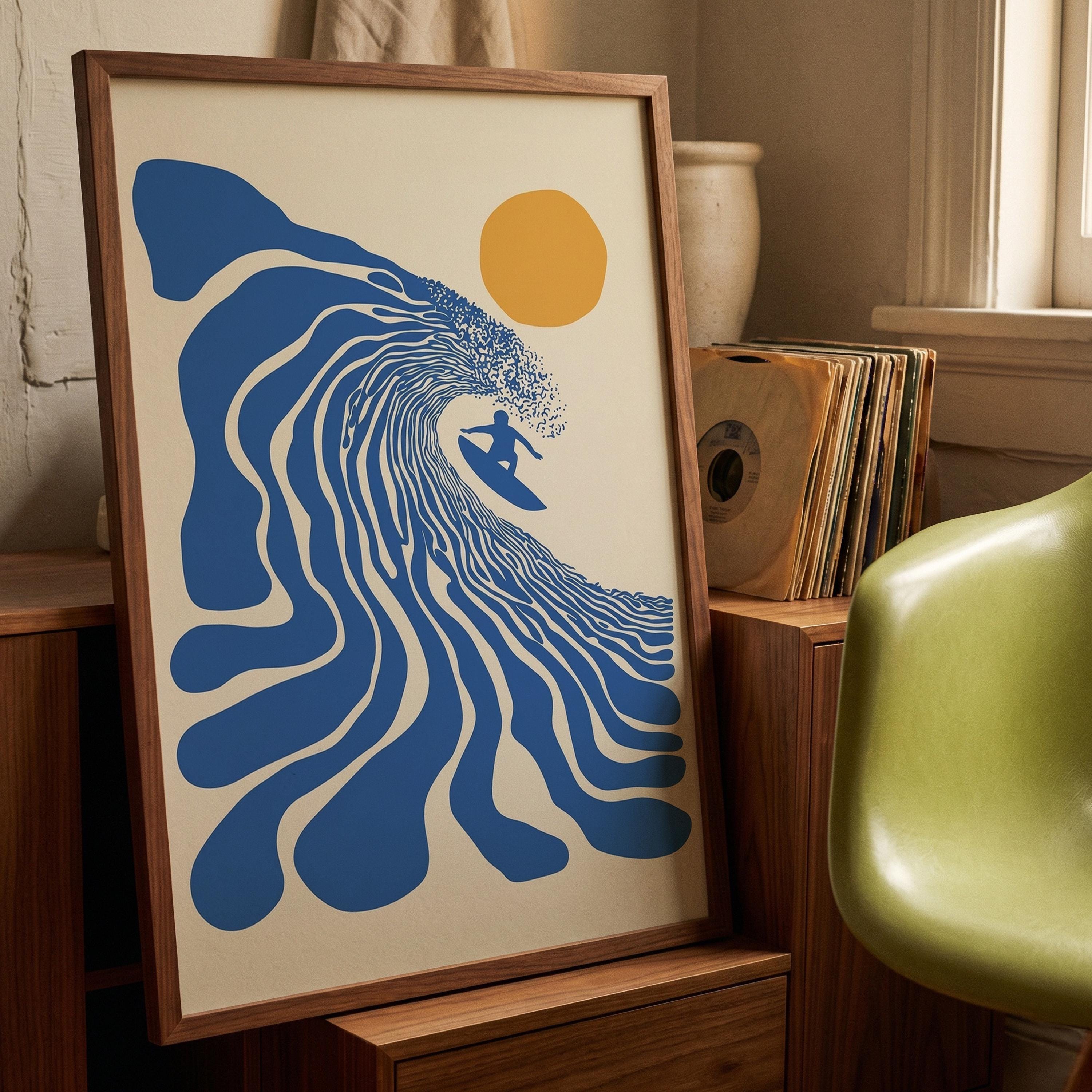 Retro Surfer Art Print, Abstract Wave Wall Art, Coastal Beach Decor, Minimalist Surf Poster, Blue Ocean Wave Print DIGITAL DOWNLOAD